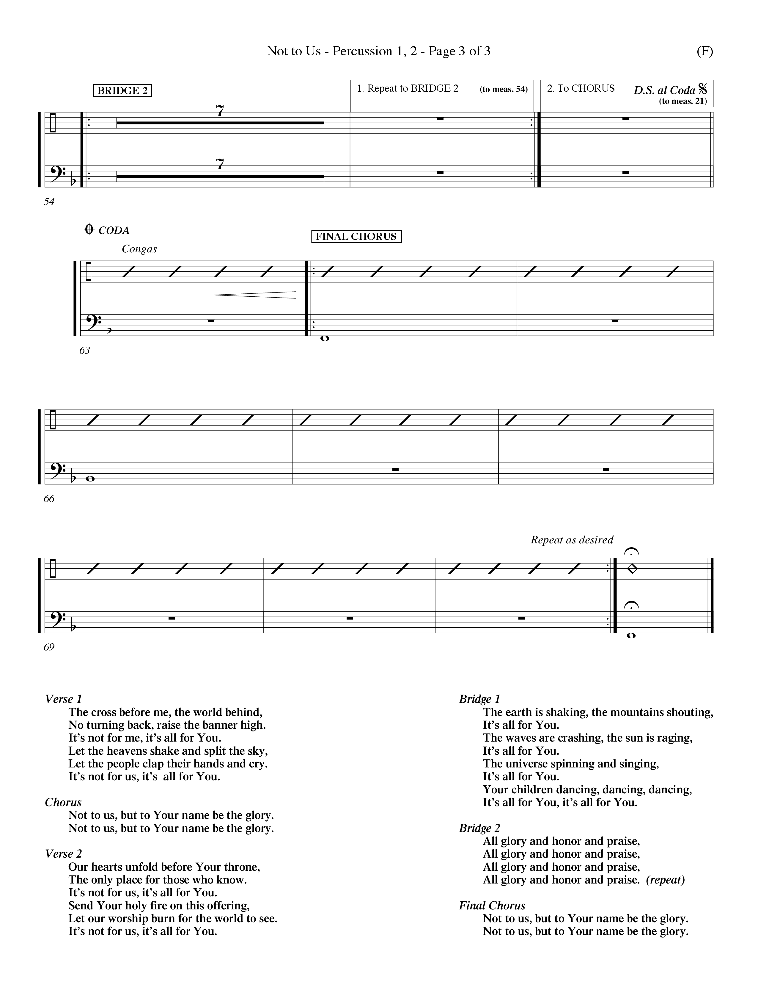 Not To Us (Choral Anthem SATB) Percussion 1/2 (Word Music Choral / Orch. Dave Williamson)