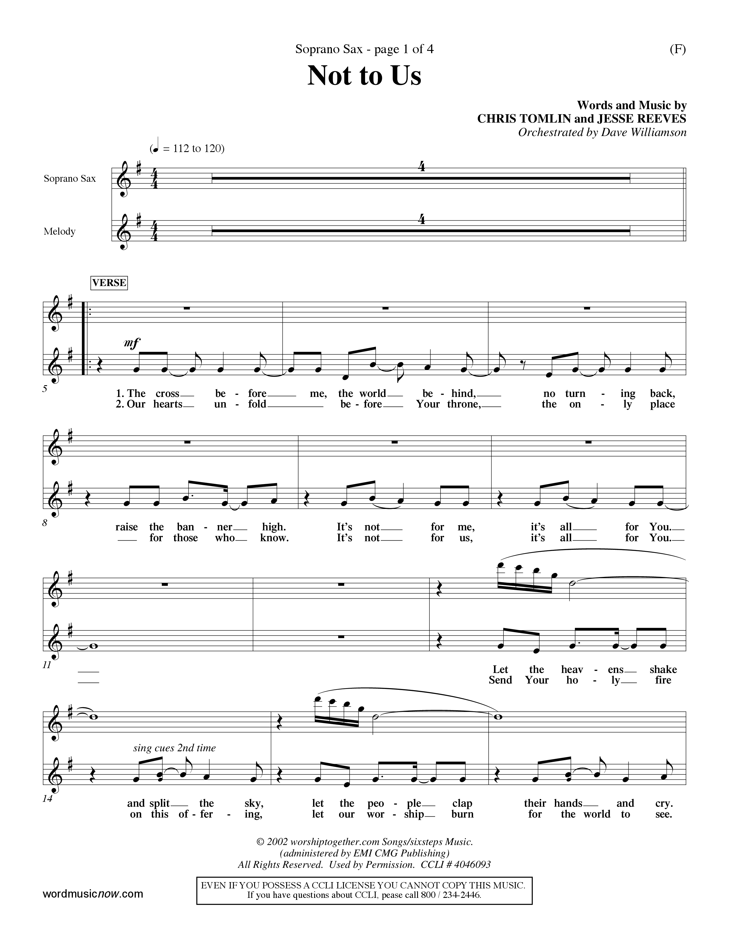 Not To Us (Choral Anthem SATB) Saxophone (Word Music Choral / Orch. Dave Williamson)