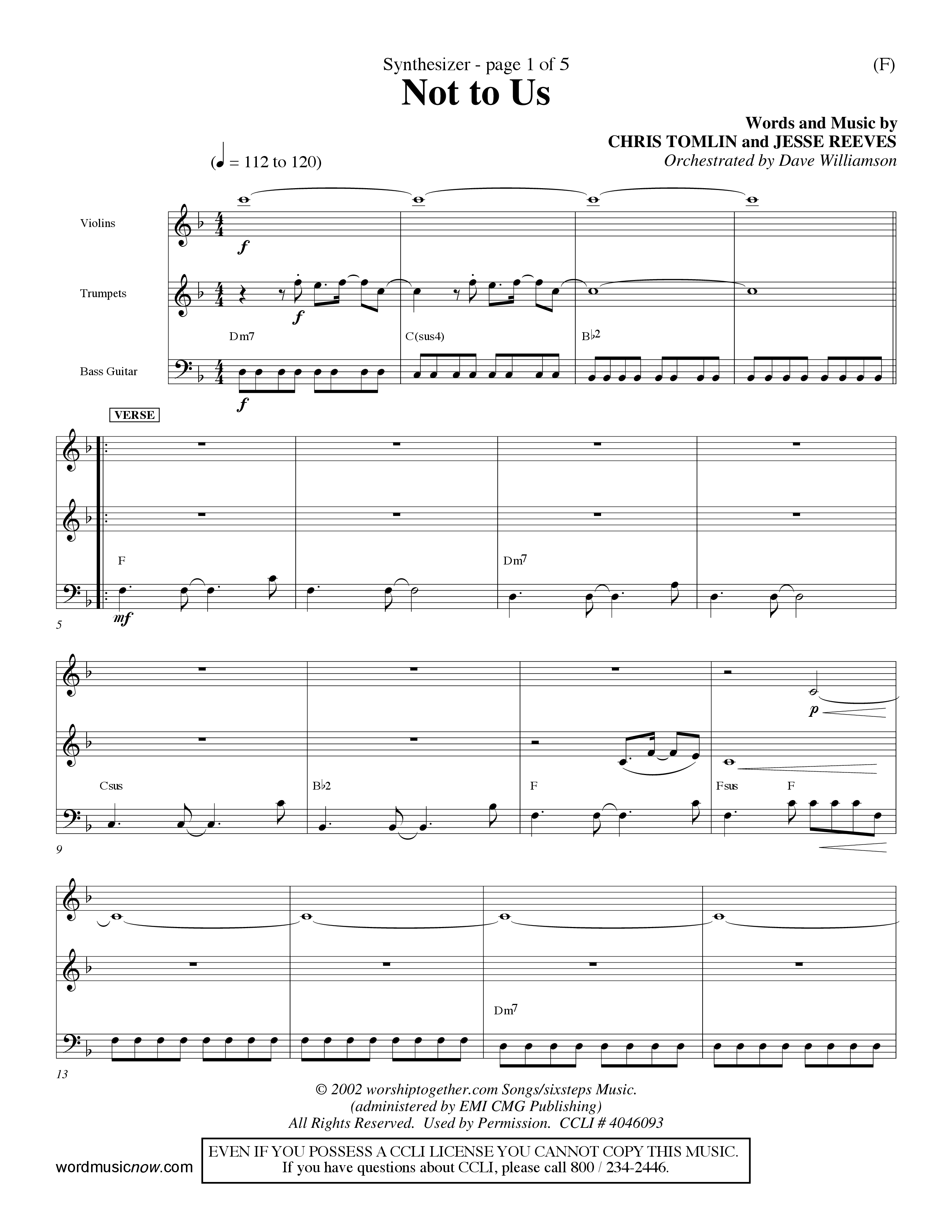Not To Us (Choral Anthem SATB) Synth (Word Music Choral / Orch. Dave Williamson)