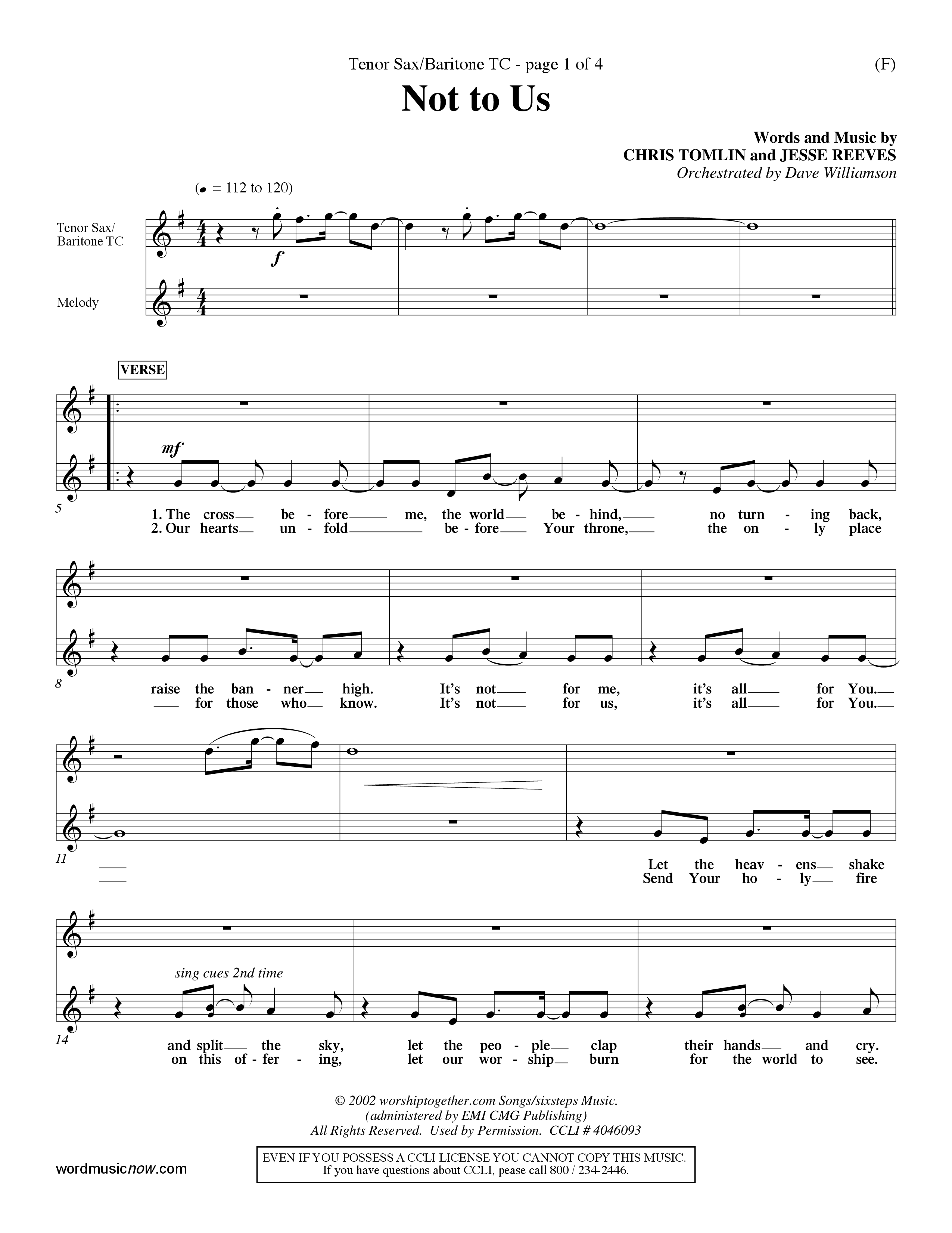 Not To Us (Choral Anthem SATB) Tenor Sax/Baritone T.C. (Word Music Choral / Orch. Dave Williamson)
