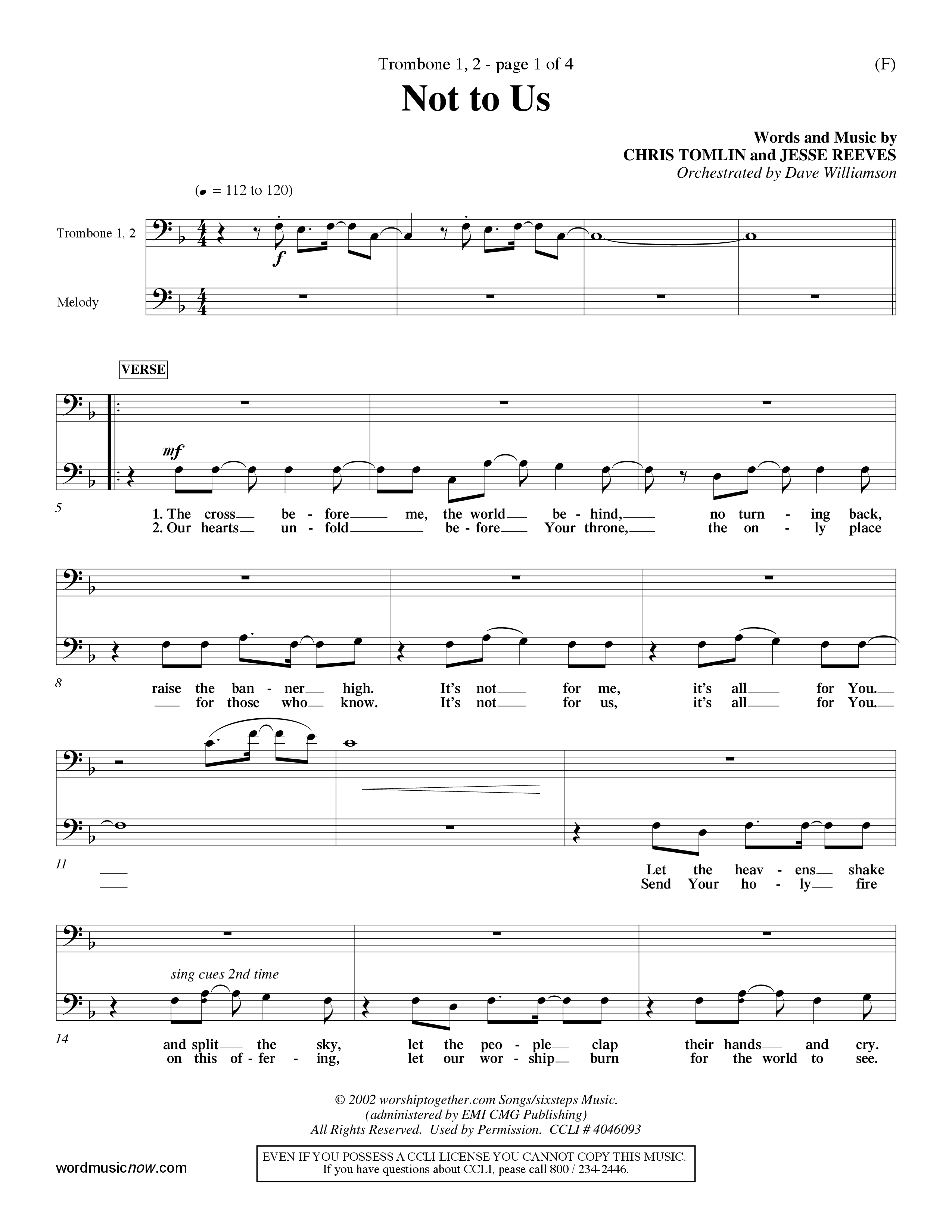 Not To Us (Choral Anthem SATB) Trombone 1/2 (Word Music Choral / Orch. Dave Williamson)