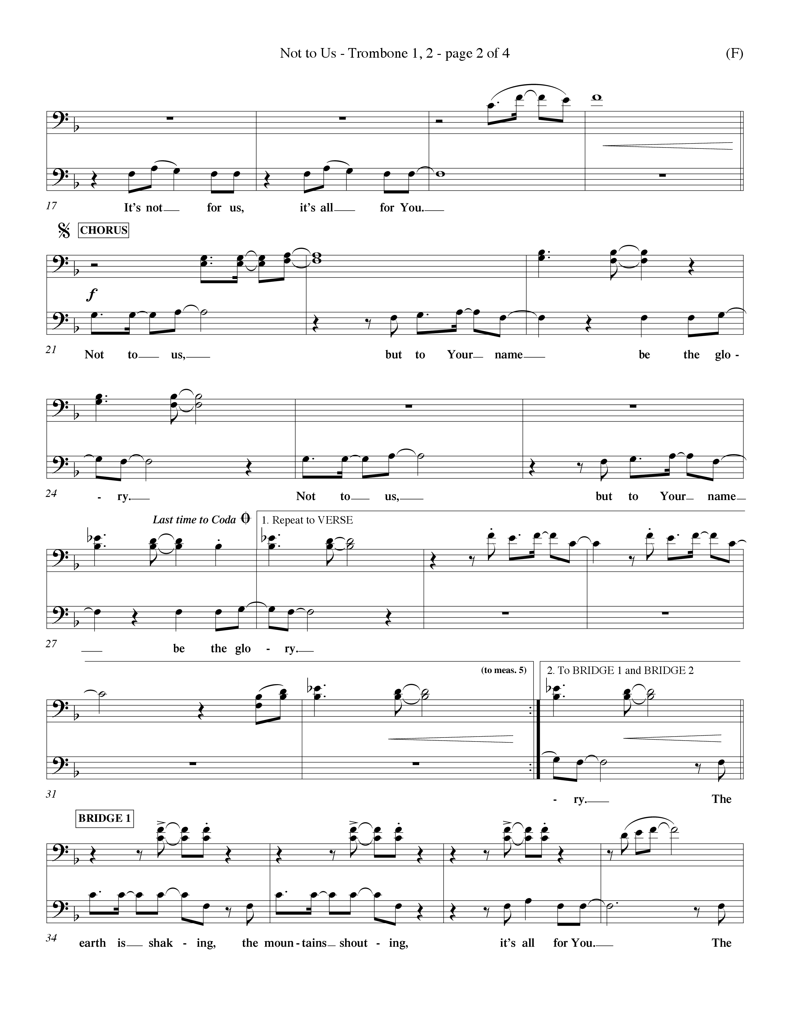 Not To Us (Choral Anthem SATB) Trombone 1/2 (Word Music Choral / Orch. Dave Williamson)