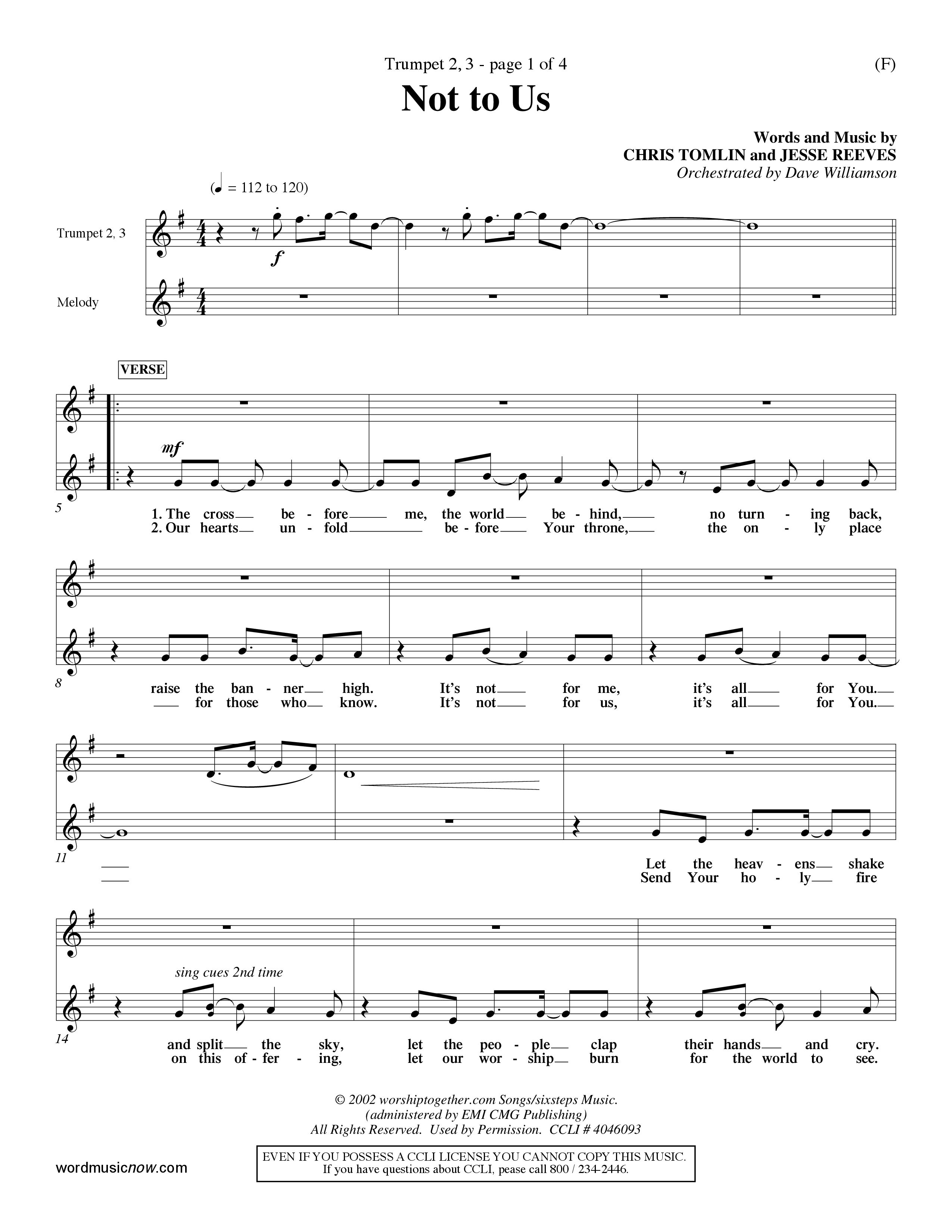 Not To Us (Choral Anthem SATB) Trumpet 2/3 (Word Music Choral / Orch. Dave Williamson)