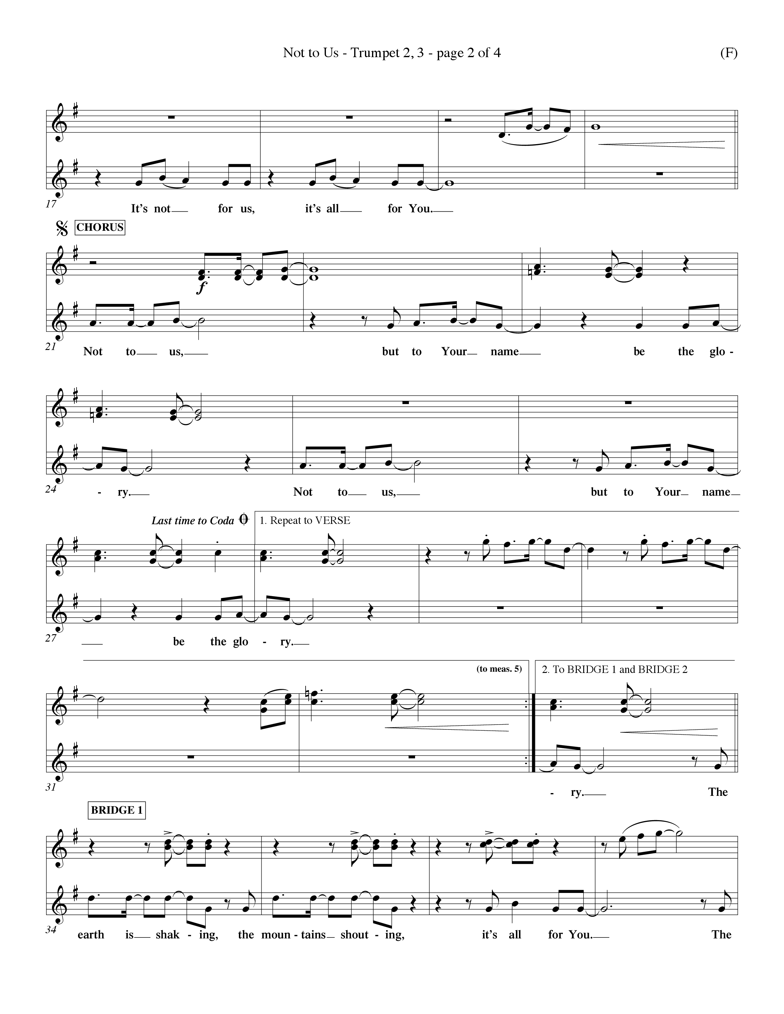 Not To Us (Choral Anthem SATB) Trumpet 2/3 (Word Music Choral / Orch. Dave Williamson)