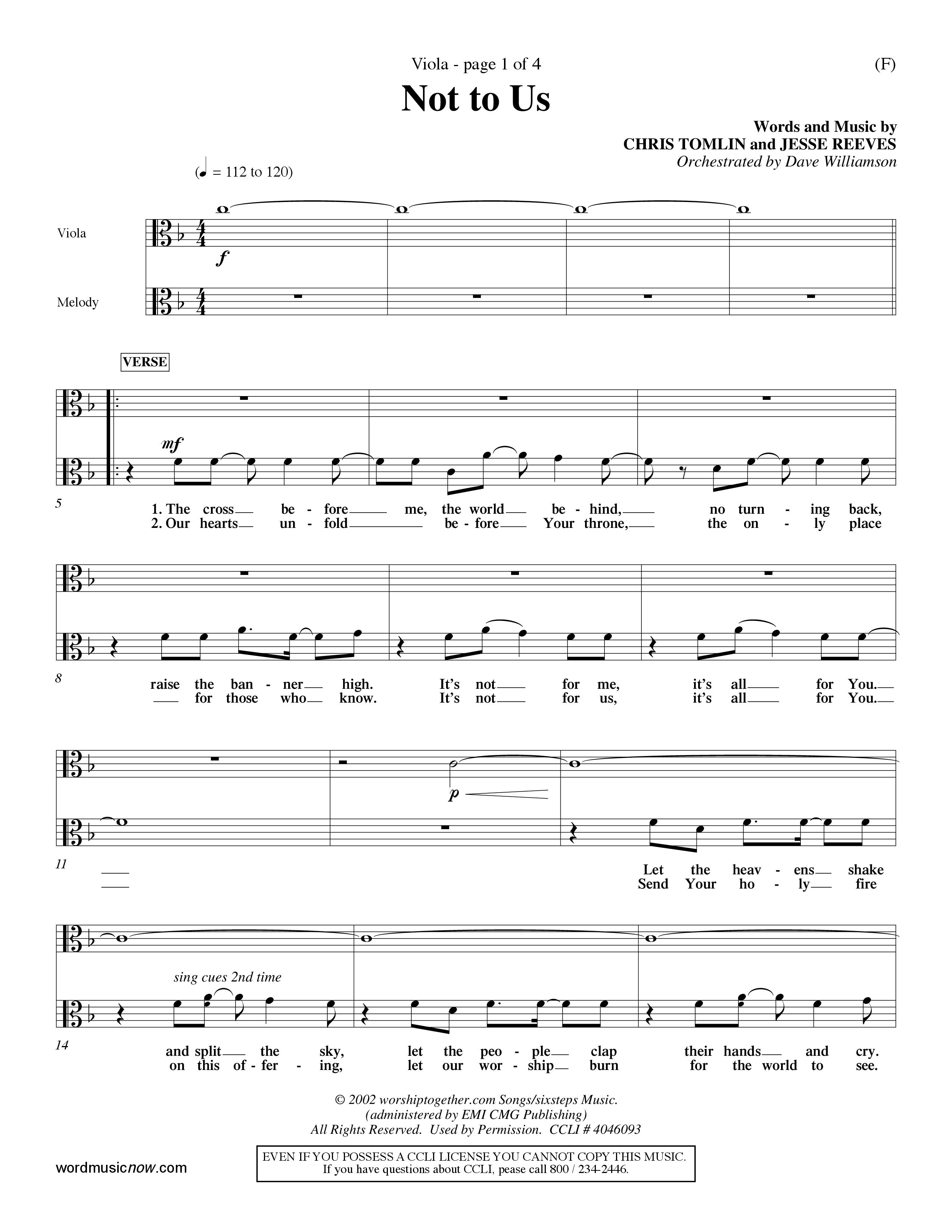 Not To Us (Choral Anthem SATB) Viola (Word Music Choral / Orch. Dave Williamson)