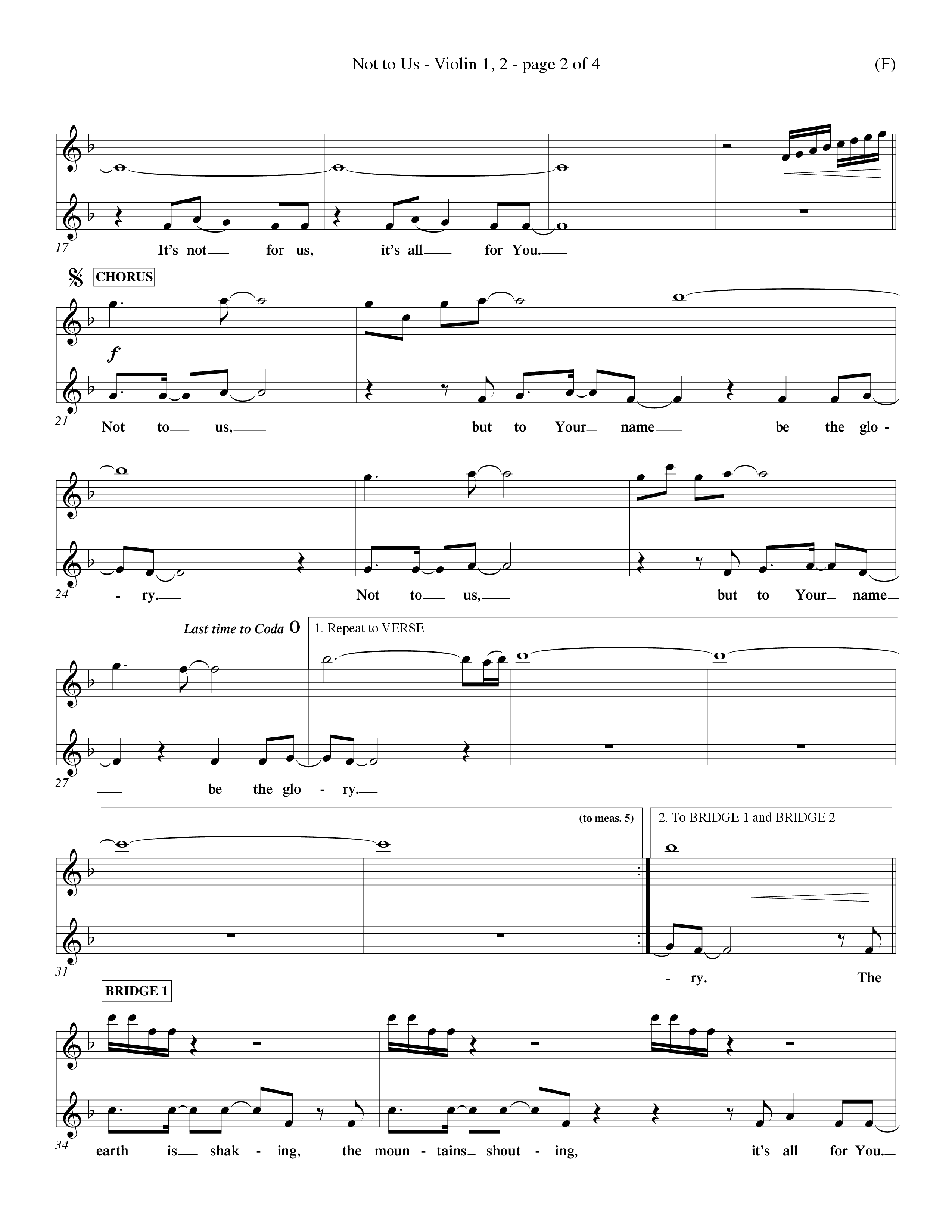 Not To Us (Choral Anthem SATB) Violin 1/2 (Word Music Choral / Orch. Dave Williamson)