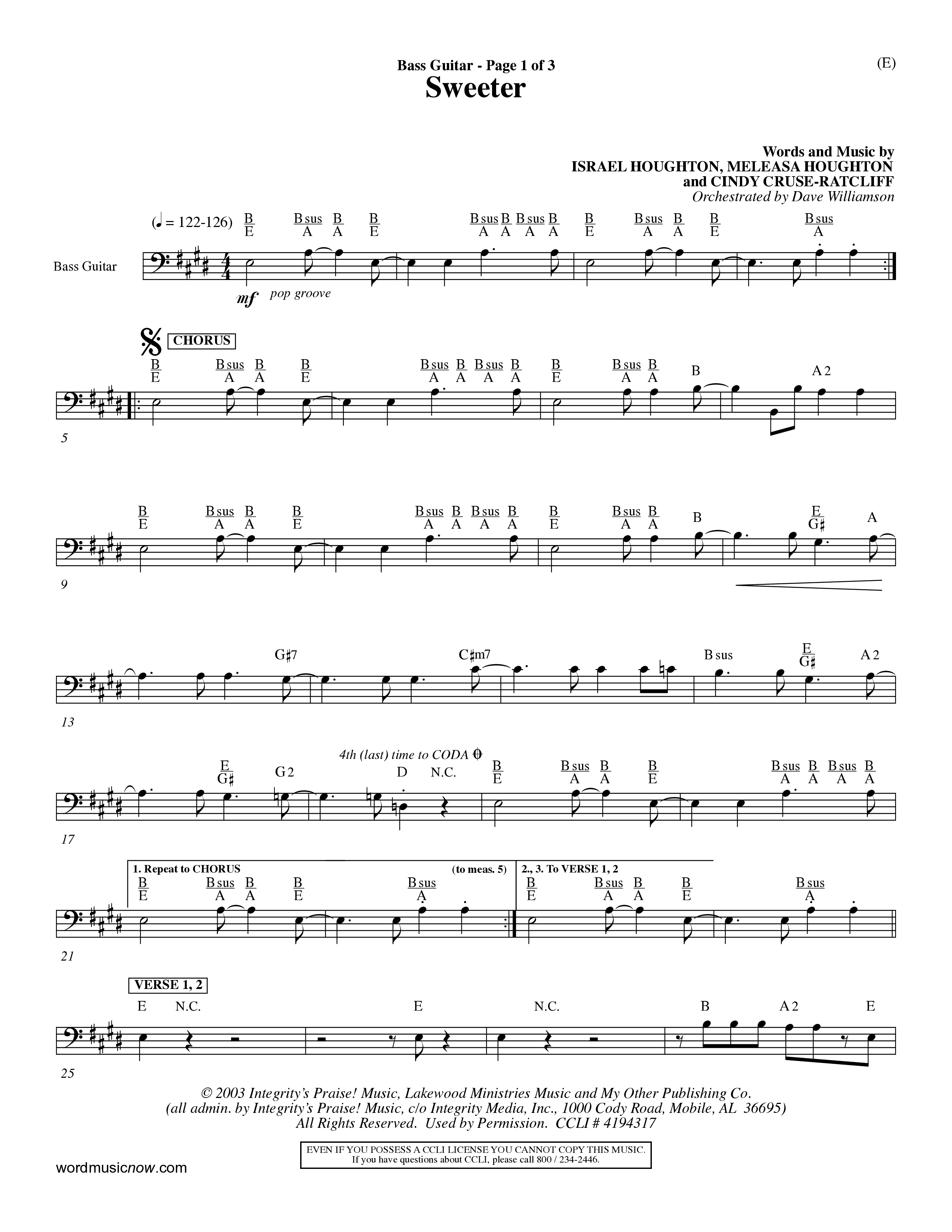 Sweeter (Choral Anthem SATB) Bass Guitar (Word Music Choral / Orch. Dave Williamson)