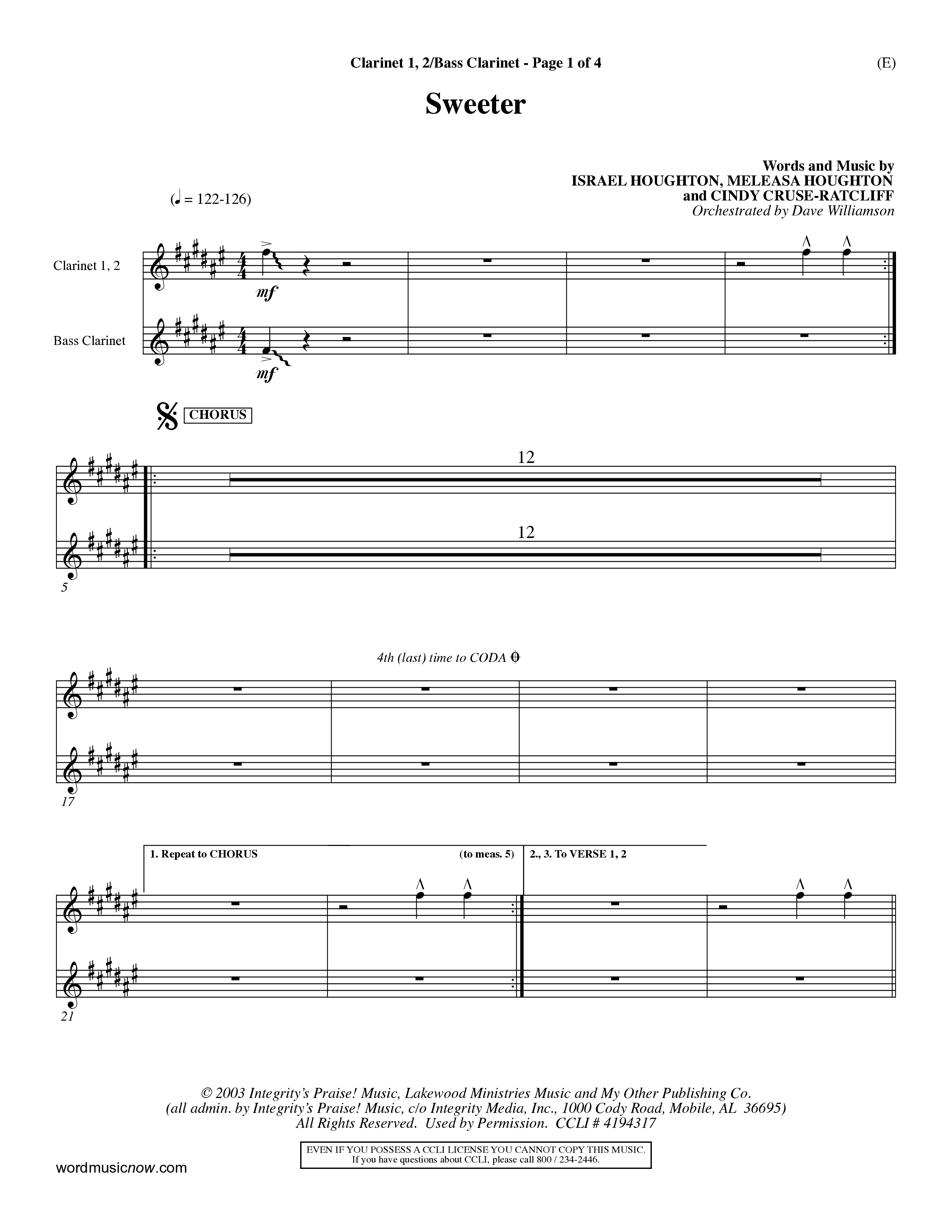 Sweeter (Choral Anthem SATB) Clarinet 1/2, Bass Clarinet (Word Music Choral / Orch. Dave Williamson)