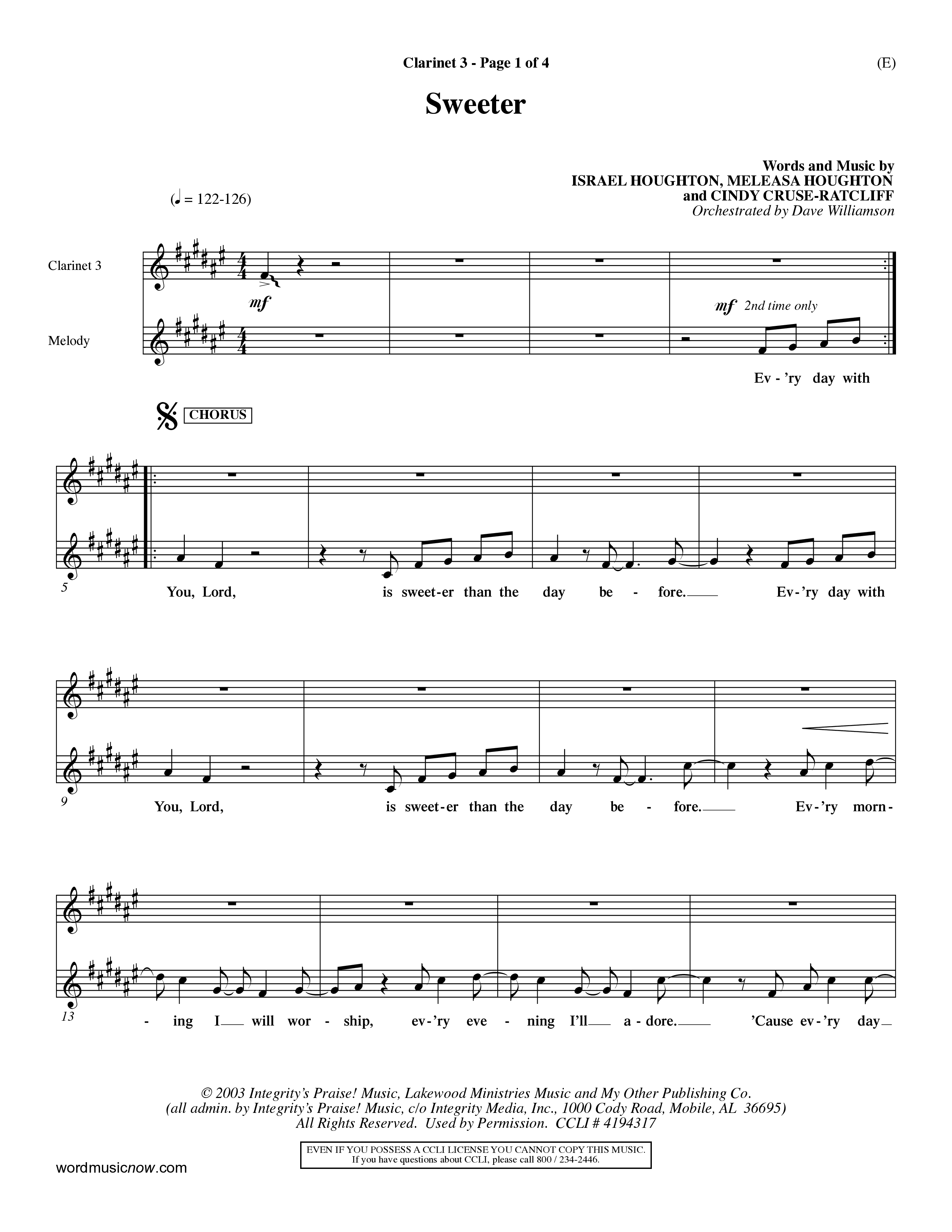 Sweeter (Choral Anthem SATB) Clarinet 3 (Word Music Choral / Orch. Dave Williamson)