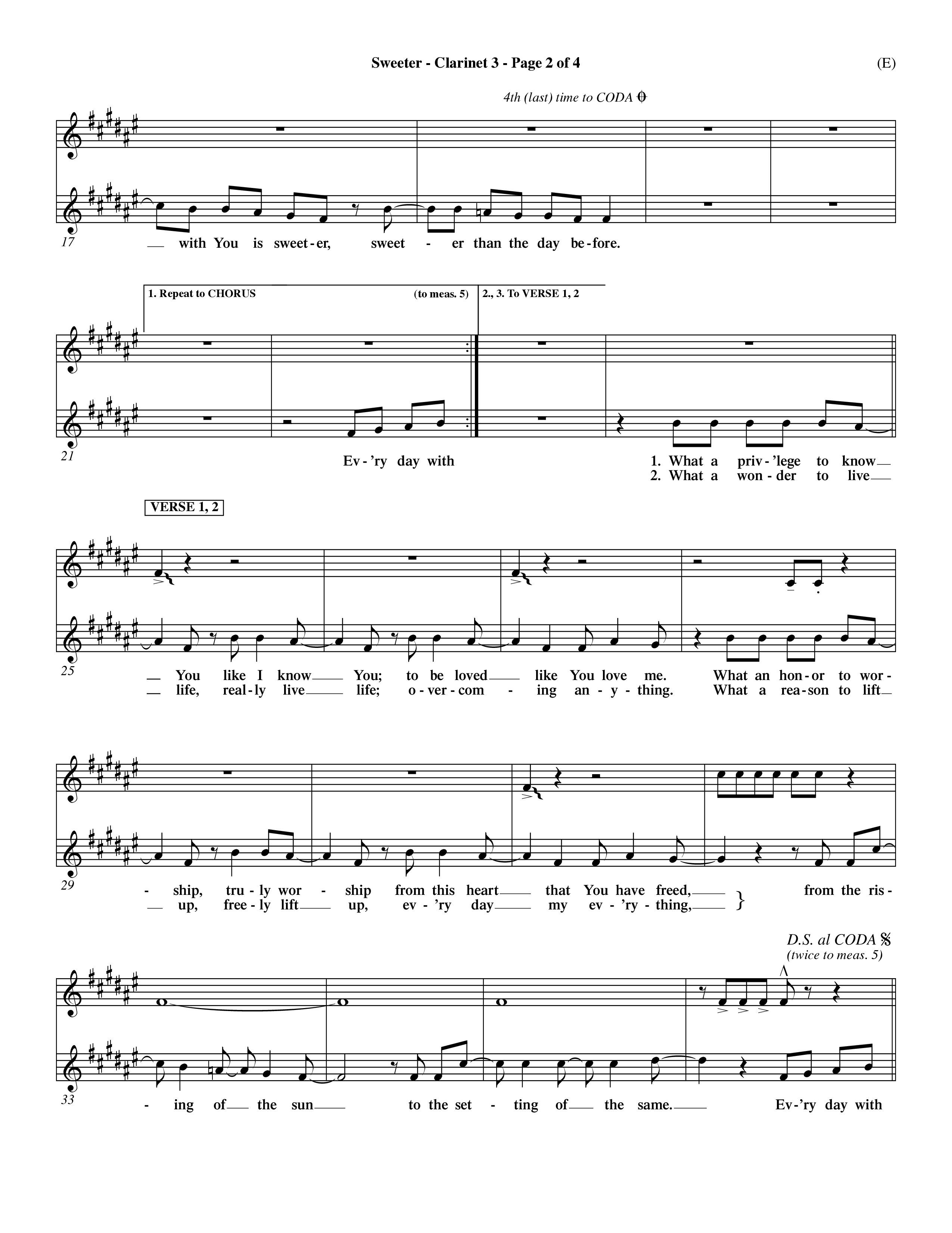 Sweeter (Choral Anthem SATB) Clarinet 3 (Word Music Choral / Orch. Dave Williamson)