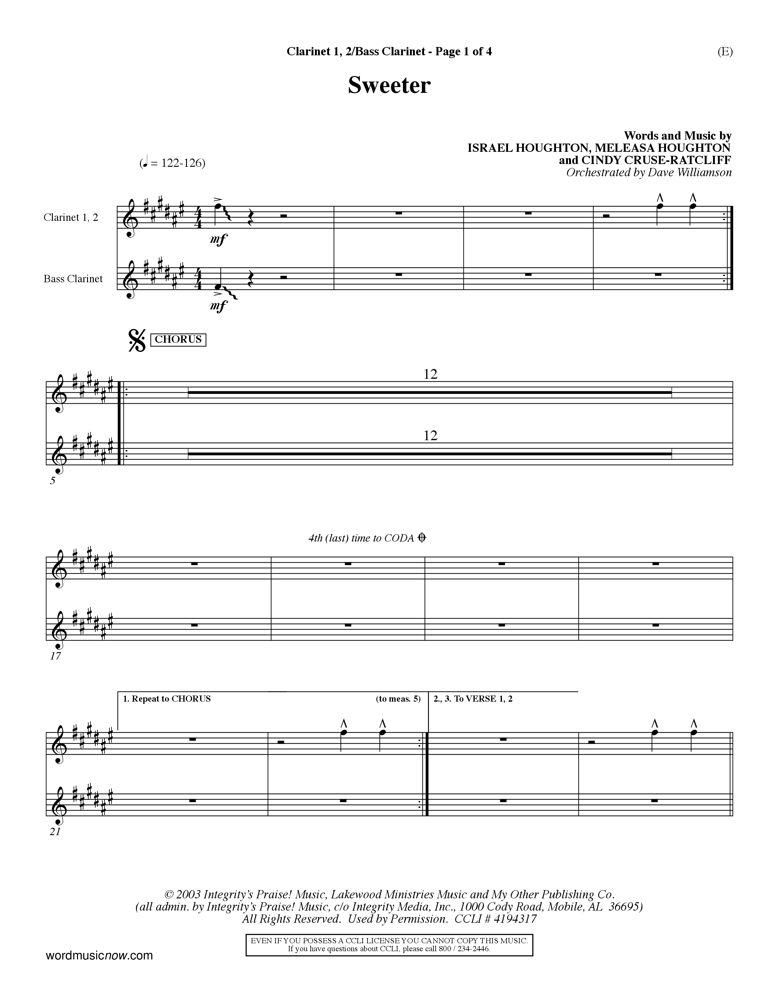 Sweeter (Choral Anthem SATB) Clarinet (Word Music Choral / Orch. Dave Williamson)