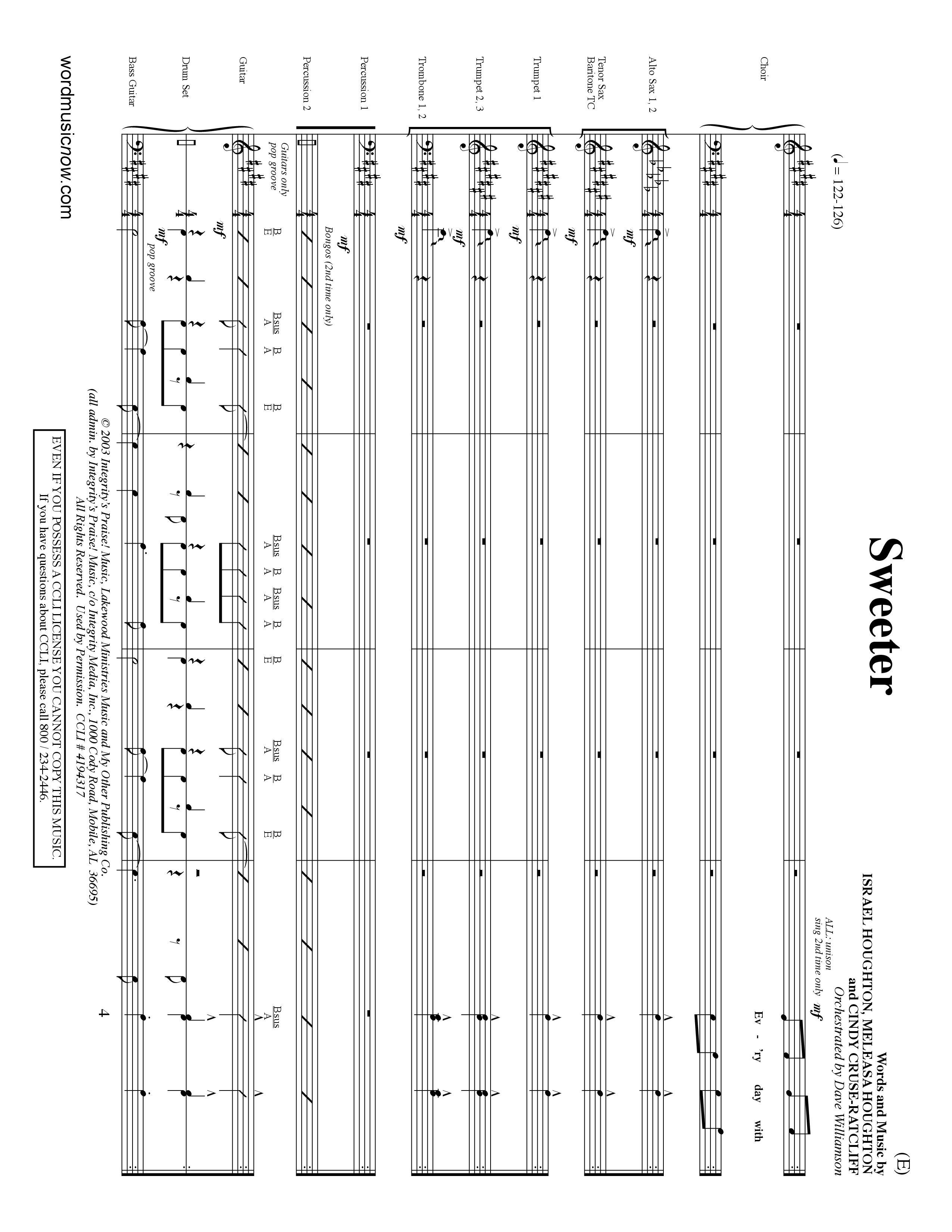 Sweeter (Choral Anthem SATB) PraiseBand (incl. Brass) (Word Music Choral / Orch. Dave Williamson)