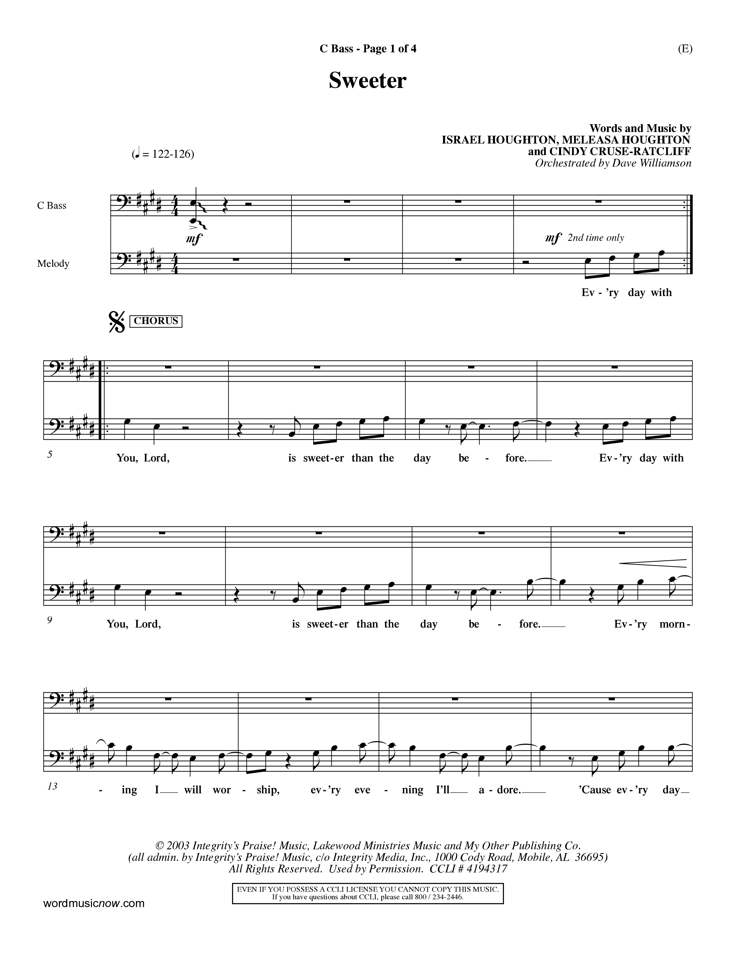 Sweeter (Choral Anthem SATB) Contrabass (Word Music Choral / Orch. Dave Williamson)