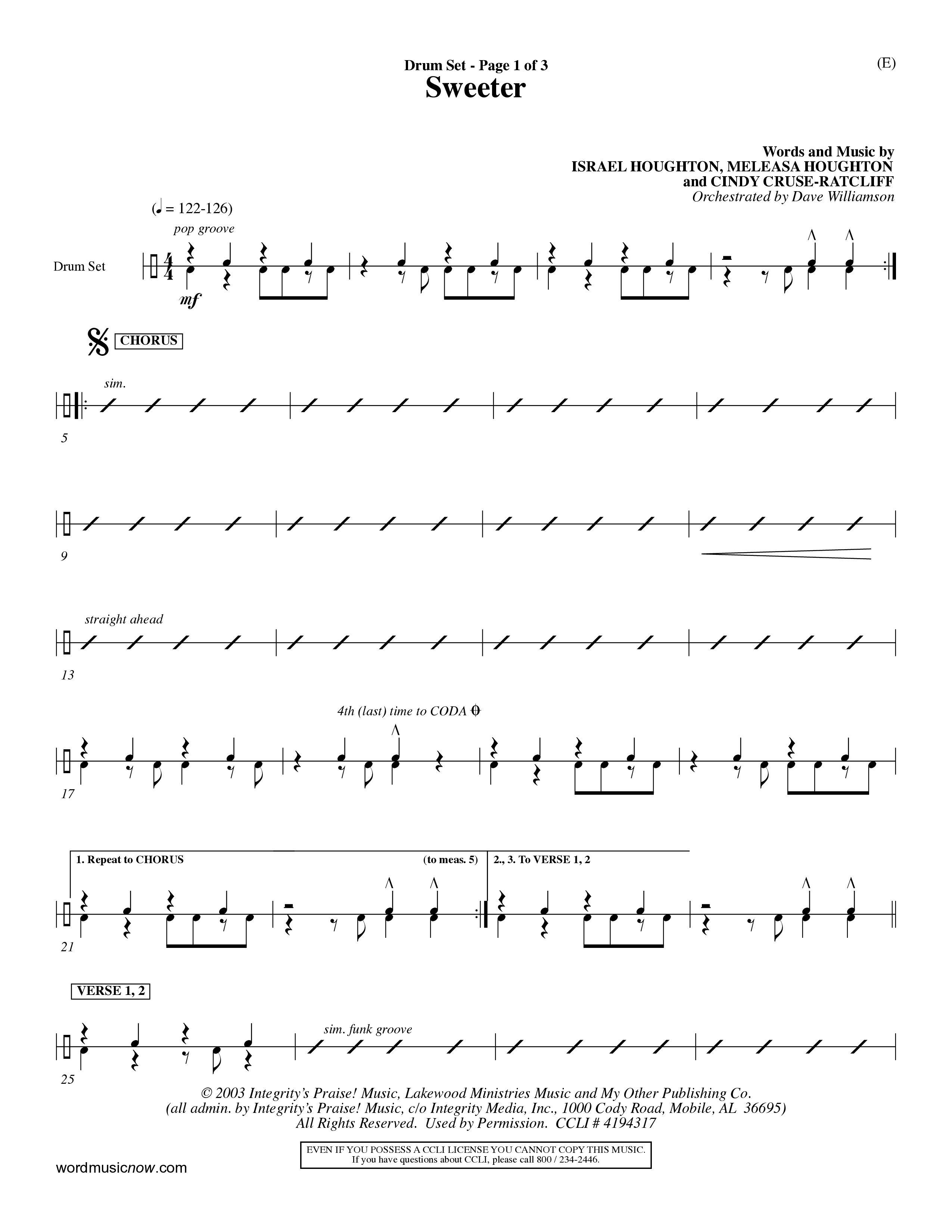 Sweeter (Choral Anthem SATB) Drum Set (Word Music Choral / Orch. Dave Williamson)