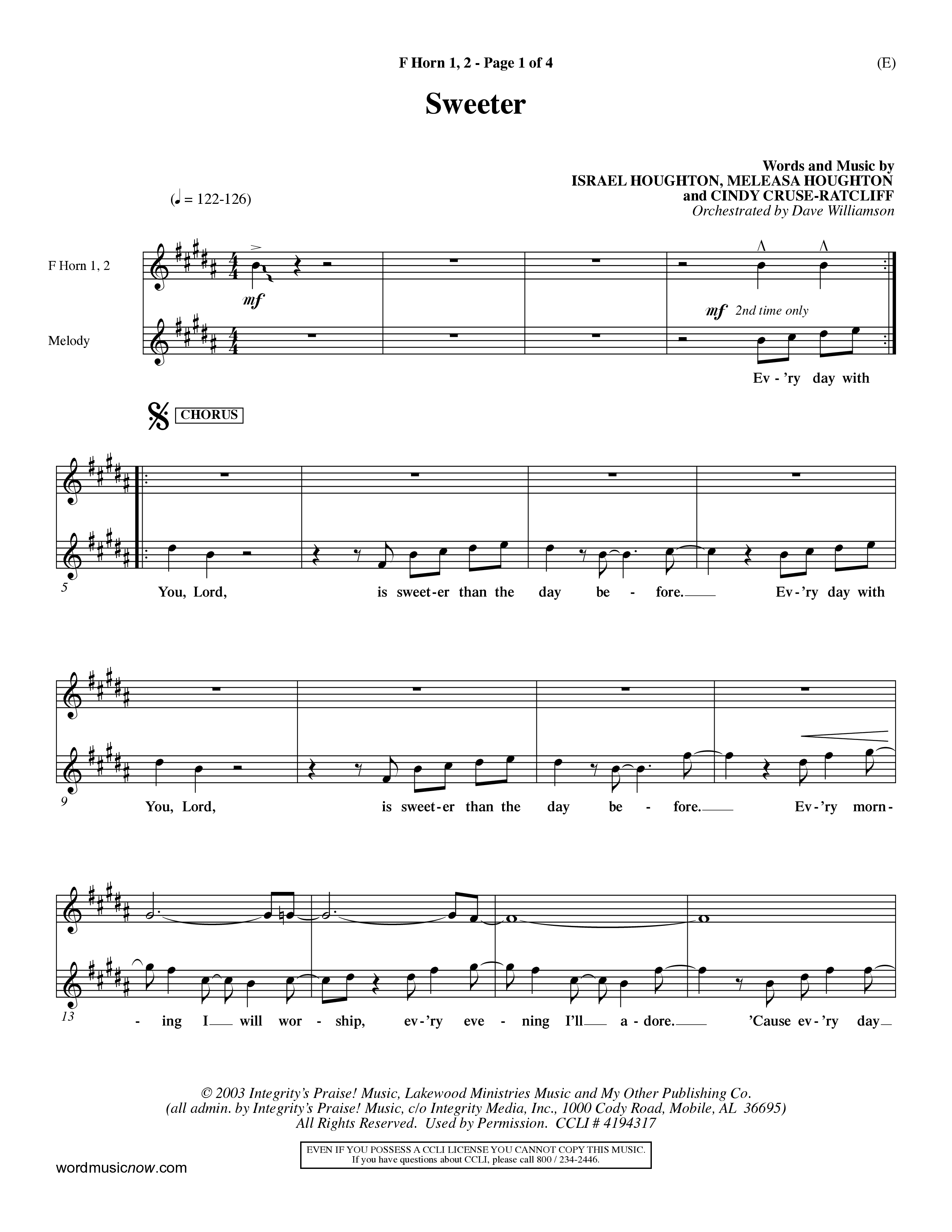 Sweeter (Choral Anthem SATB) French Horn (Word Music Choral / Orch. Dave Williamson)