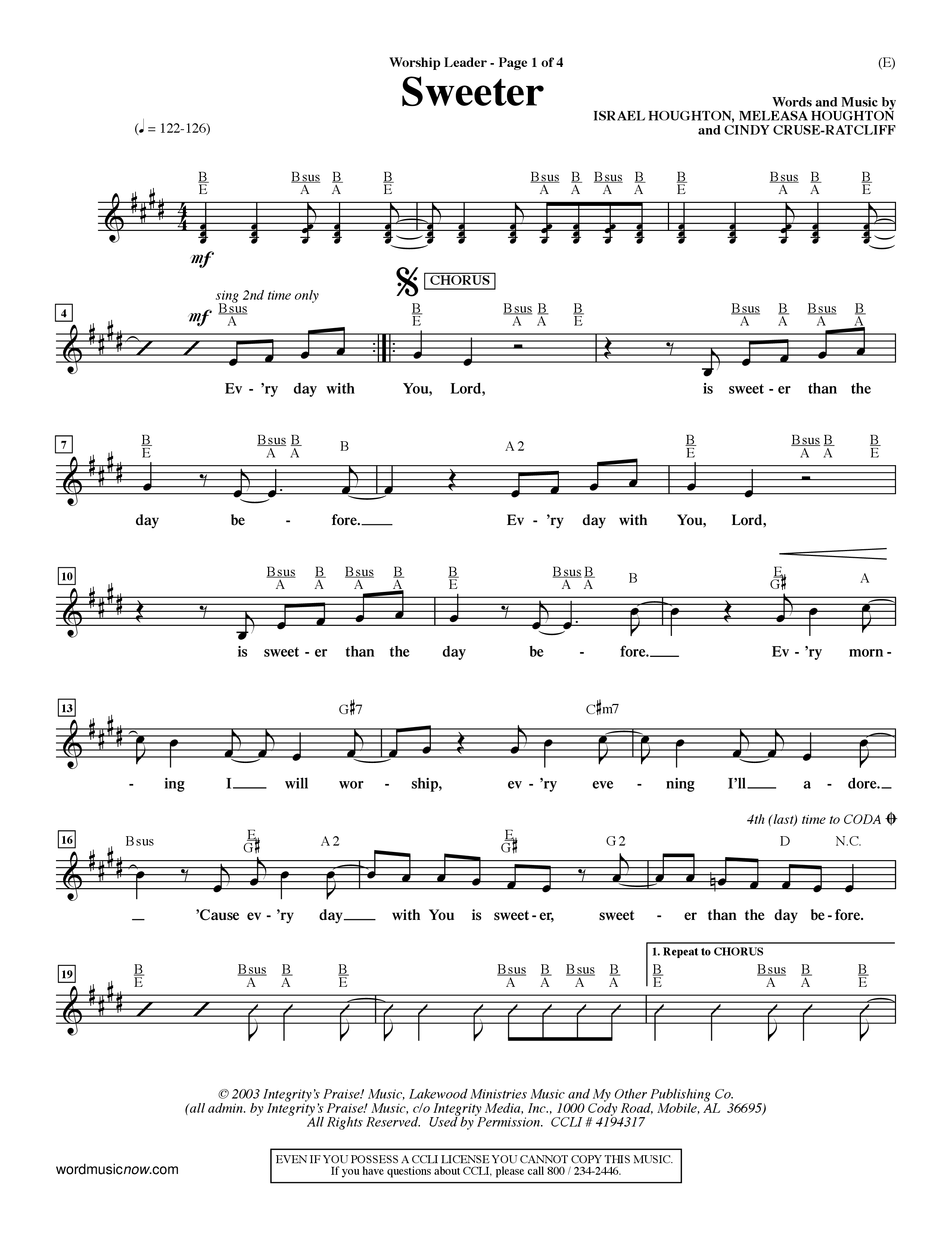 Sweeter (Choral Anthem SATB) Lead Sheet (Mel) (Word Music Choral / Orch. Dave Williamson)