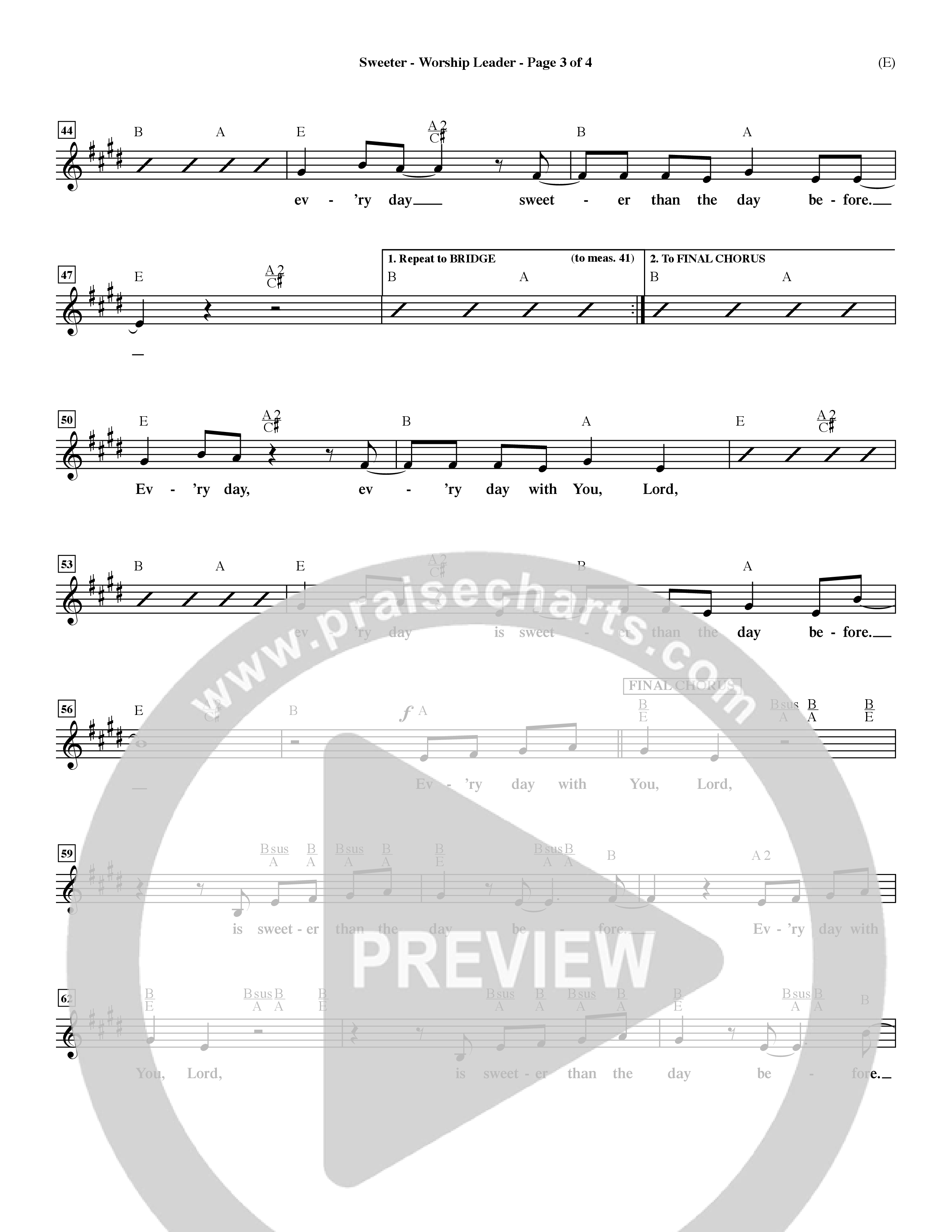 Sweeter (Choral Anthem SATB) Lead Sheet (Mel) (Word Music Choral / Orch. Dave Williamson)