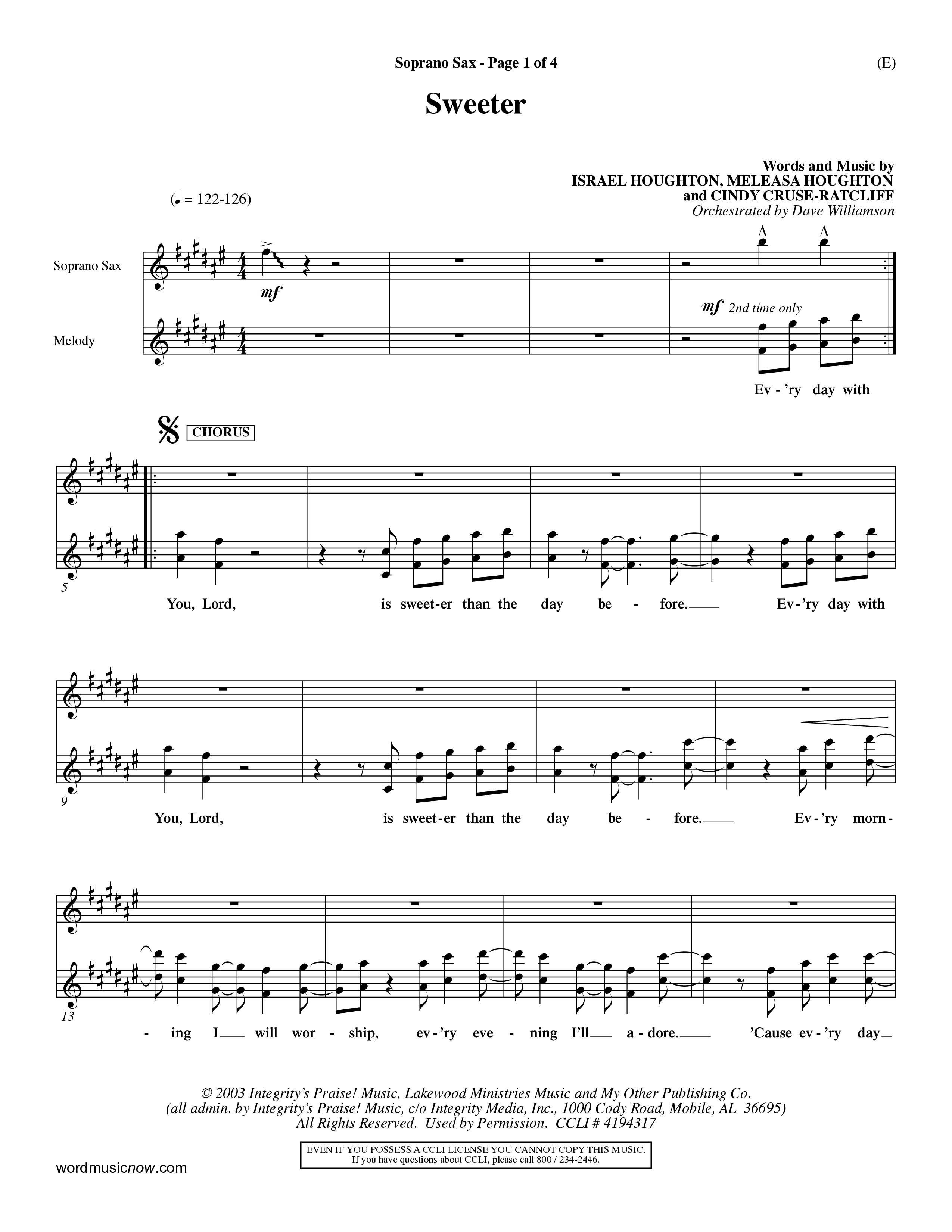 Sweeter (Choral Anthem SATB) Saxophone (Word Music Choral / Orch. Dave Williamson)