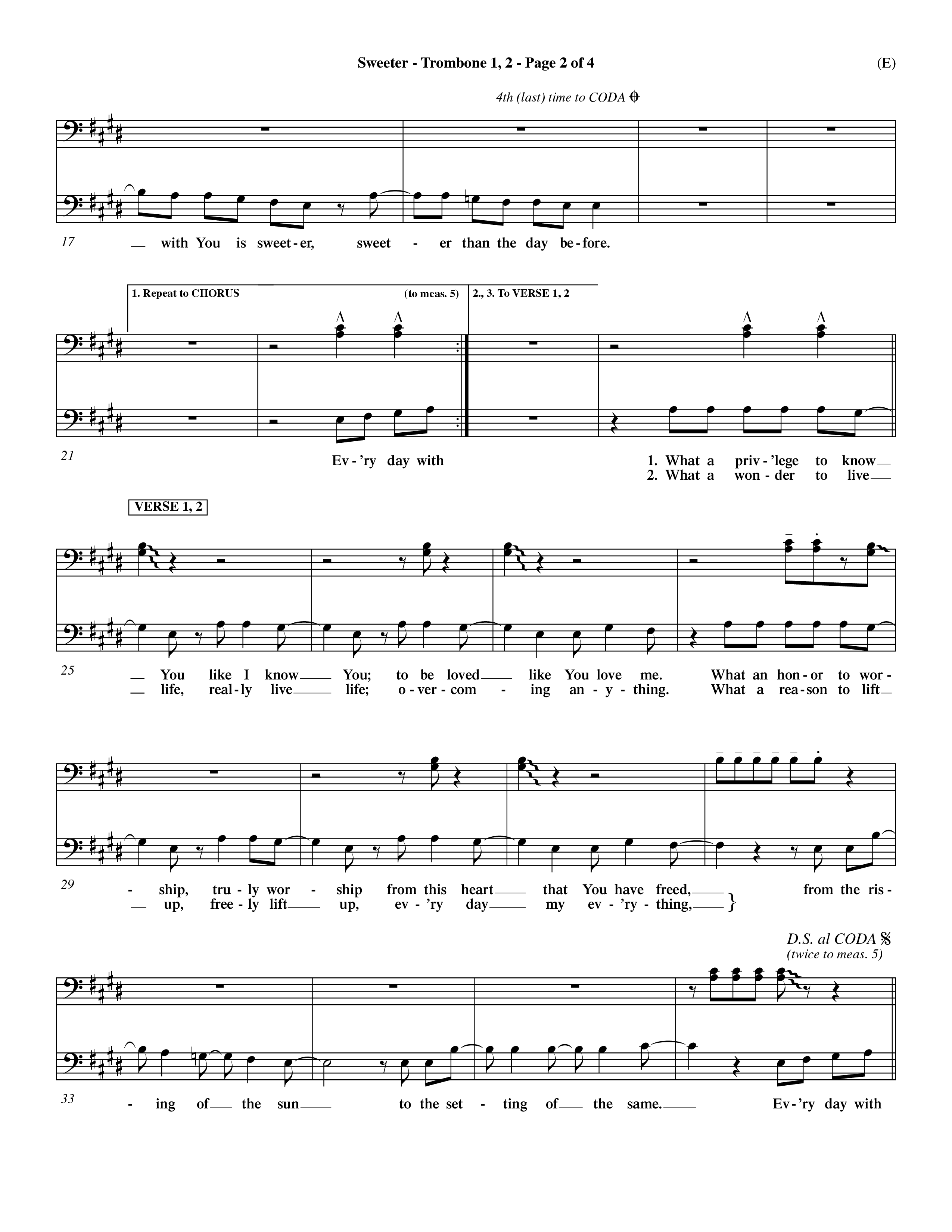 Sweeter (Choral Anthem SATB) Trombone 1/2 (Word Music Choral / Orch. Dave Williamson)
