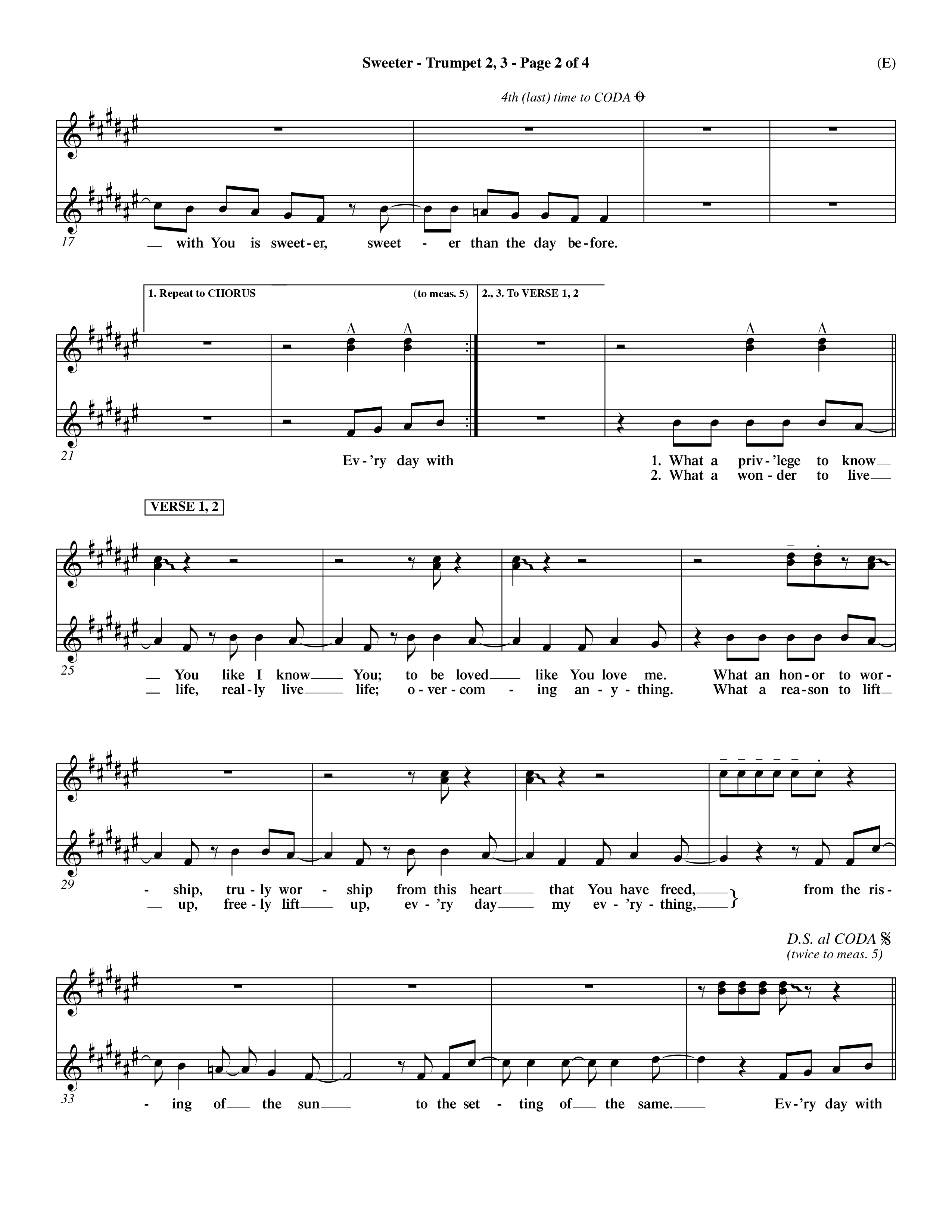 Sweeter (Choral Anthem SATB) Trumpet 2/3 (Word Music Choral / Orch. Dave Williamson)