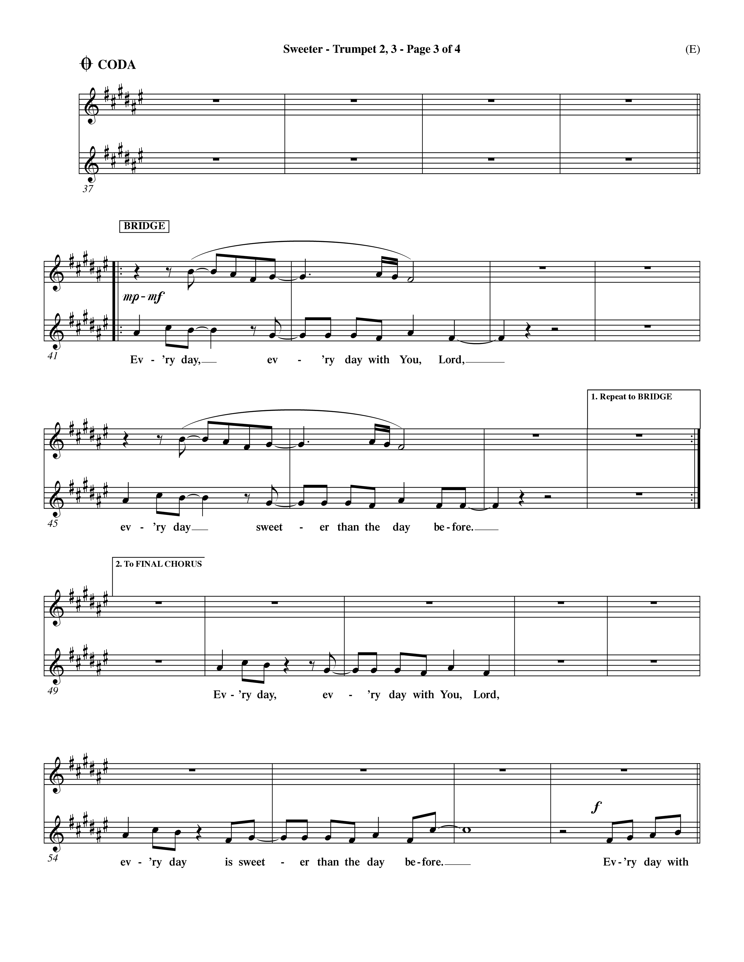 Sweeter (Choral Anthem SATB) Trumpet 2/3 (Word Music Choral / Orch. Dave Williamson)