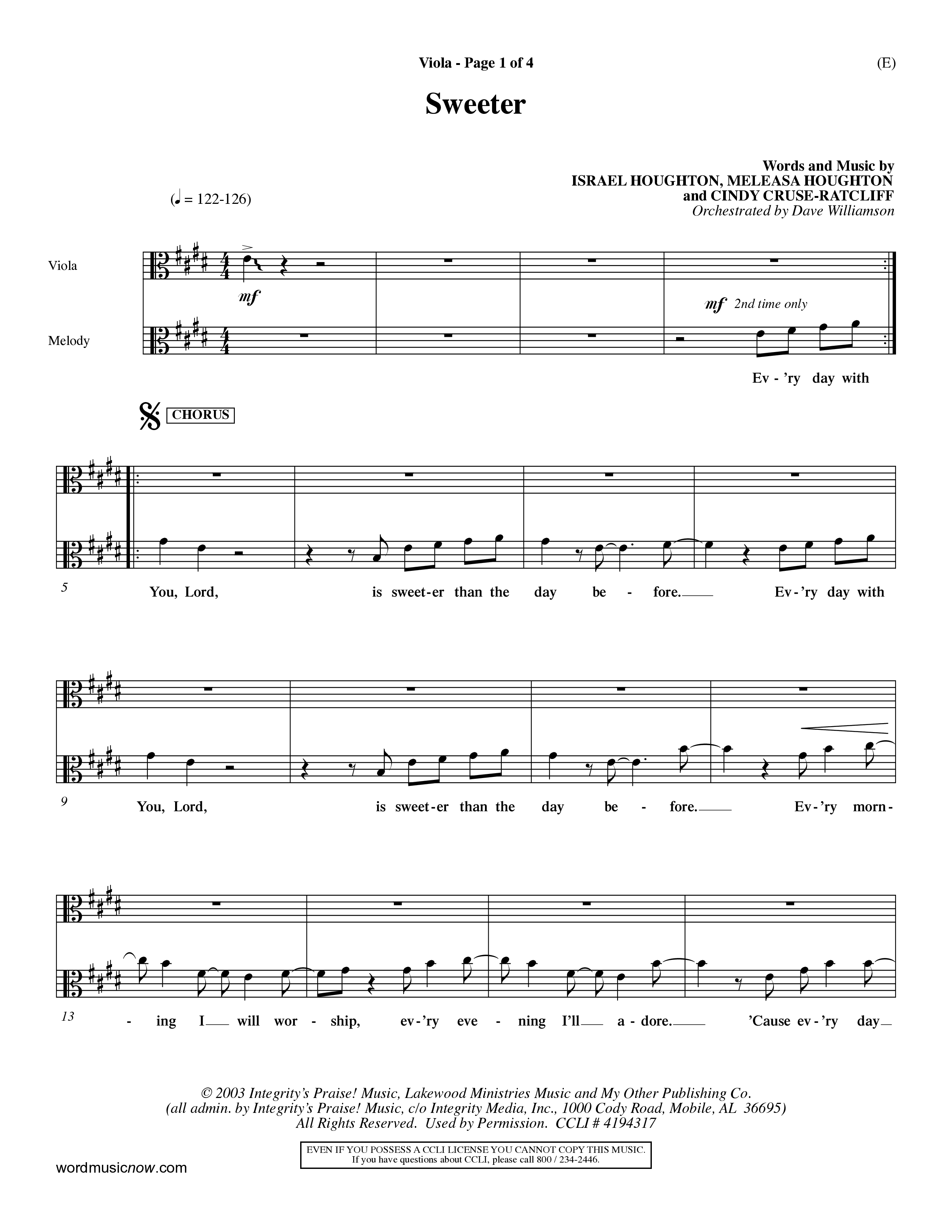Sweeter (Choral Anthem SATB) Viola (Word Music Choral / Orch. Dave Williamson)