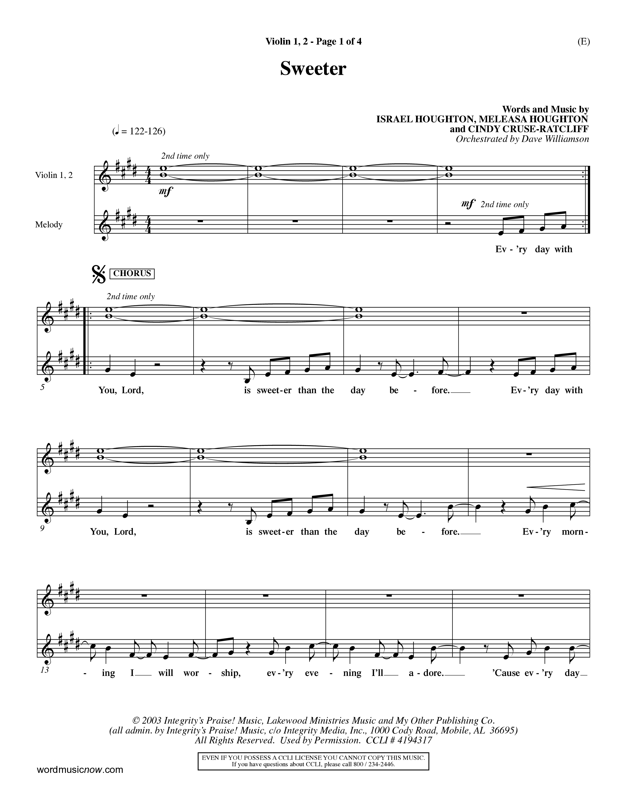 Sweeter (Choral Anthem SATB) Violin 1/2 (Word Music Choral / Orch. Dave Williamson)