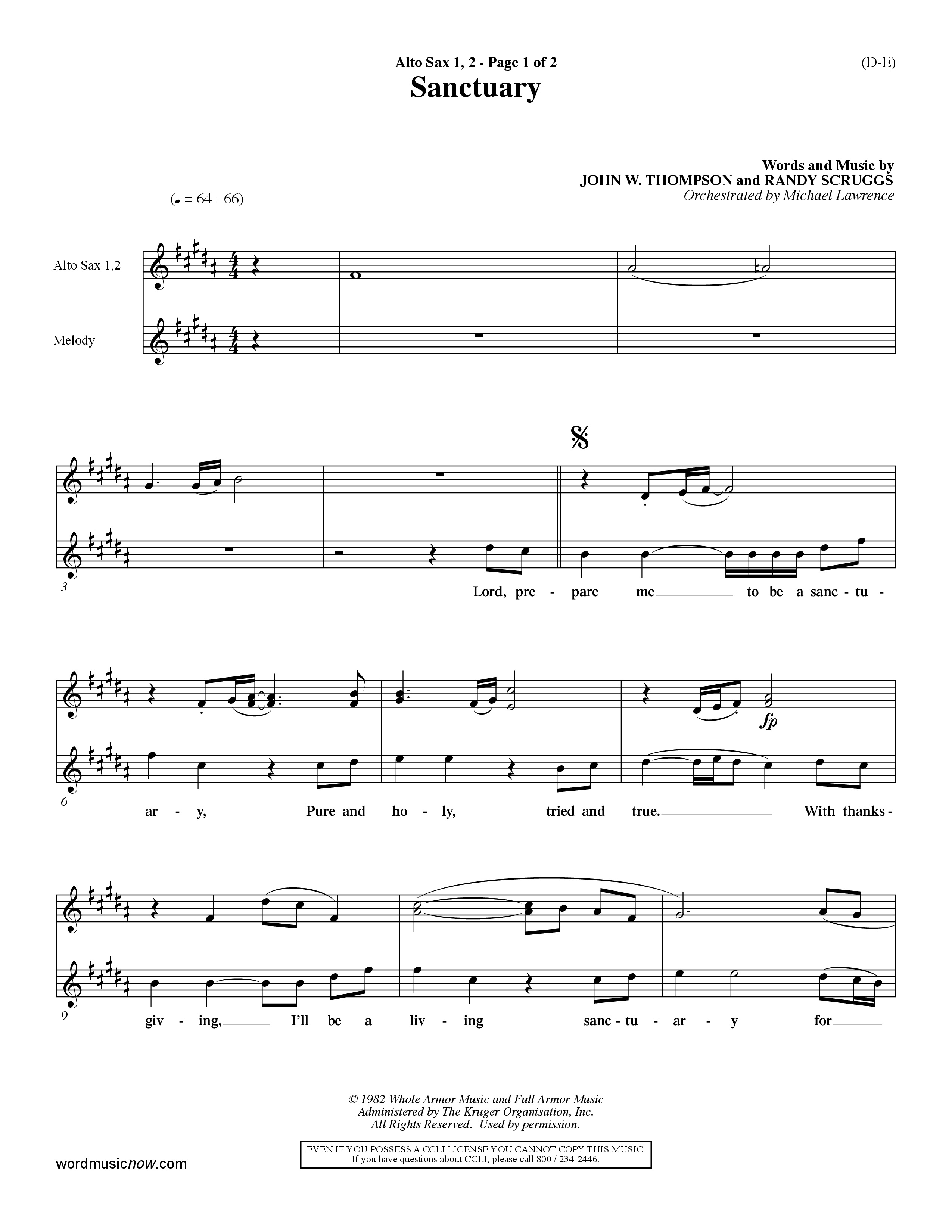 Sanctuary (Choral Anthem SATB) Alto Sax 1/2 (Word Music Choral / Orch. Michael Lawrence)