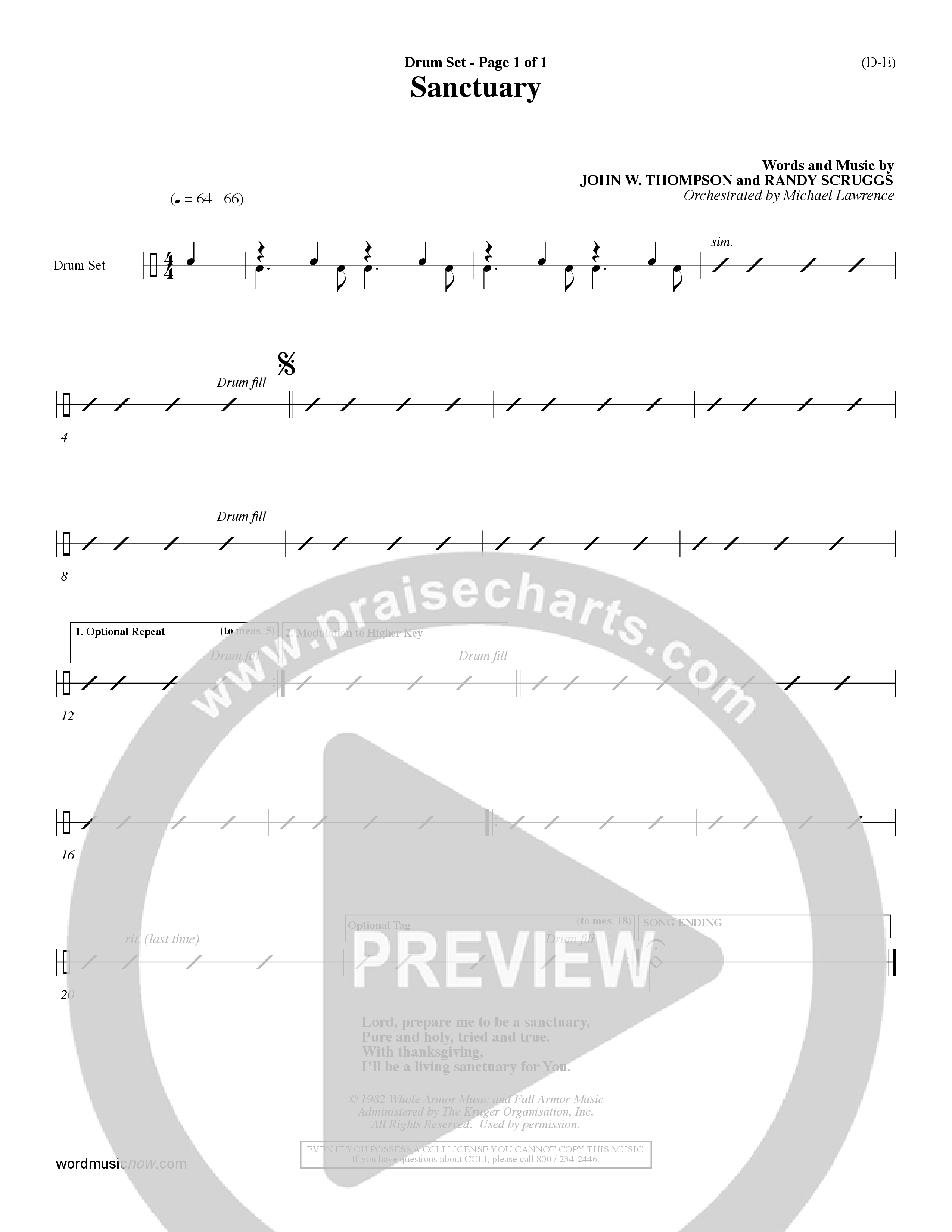 Sanctuary (Choral Anthem SATB) Drum Set (Word Music Choral / Orch. Michael Lawrence)