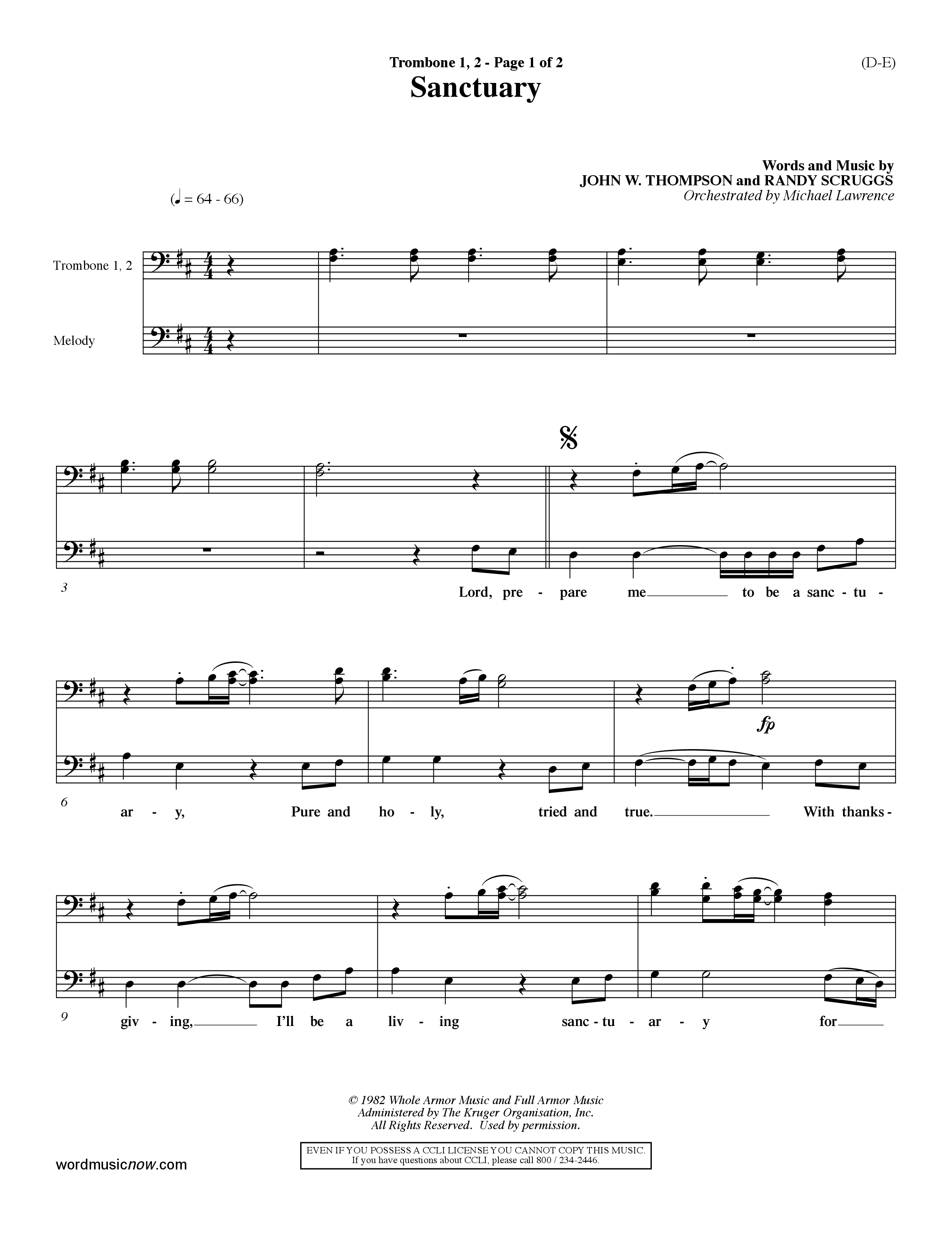 Sanctuary (Choral Anthem SATB) Trombone 1/2 (Word Music Choral / Orch. Michael Lawrence)