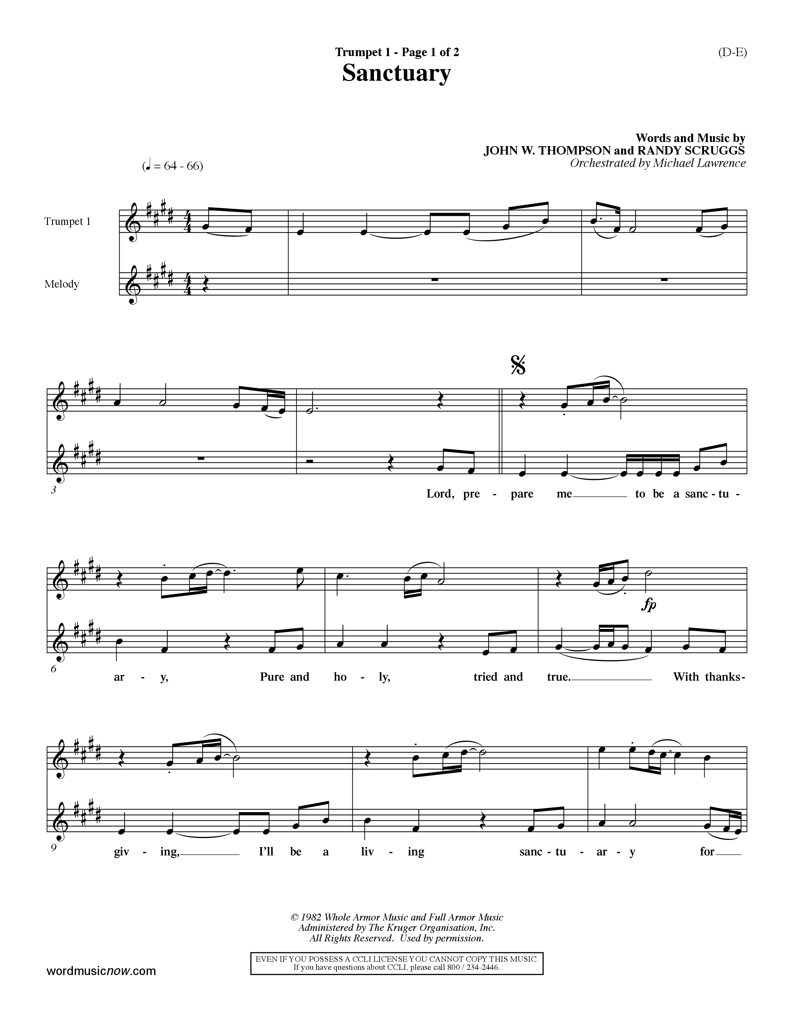 Sanctuary (Choral Anthem SATB) Trumpet 1 (Word Music Choral / Orch. Michael Lawrence)