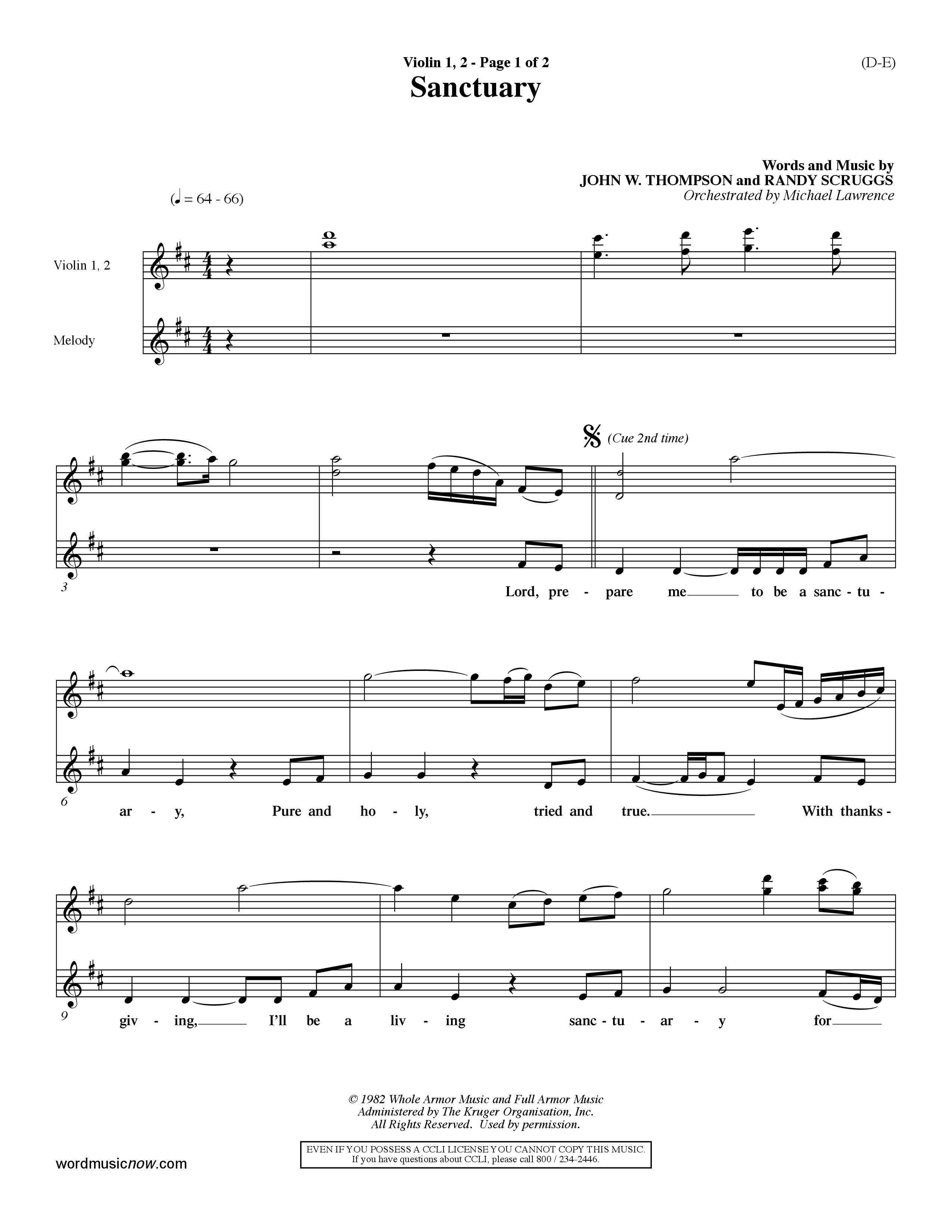 Sanctuary (Choral Anthem SATB) Violin 1/2 (Word Music Choral / Orch. Michael Lawrence)