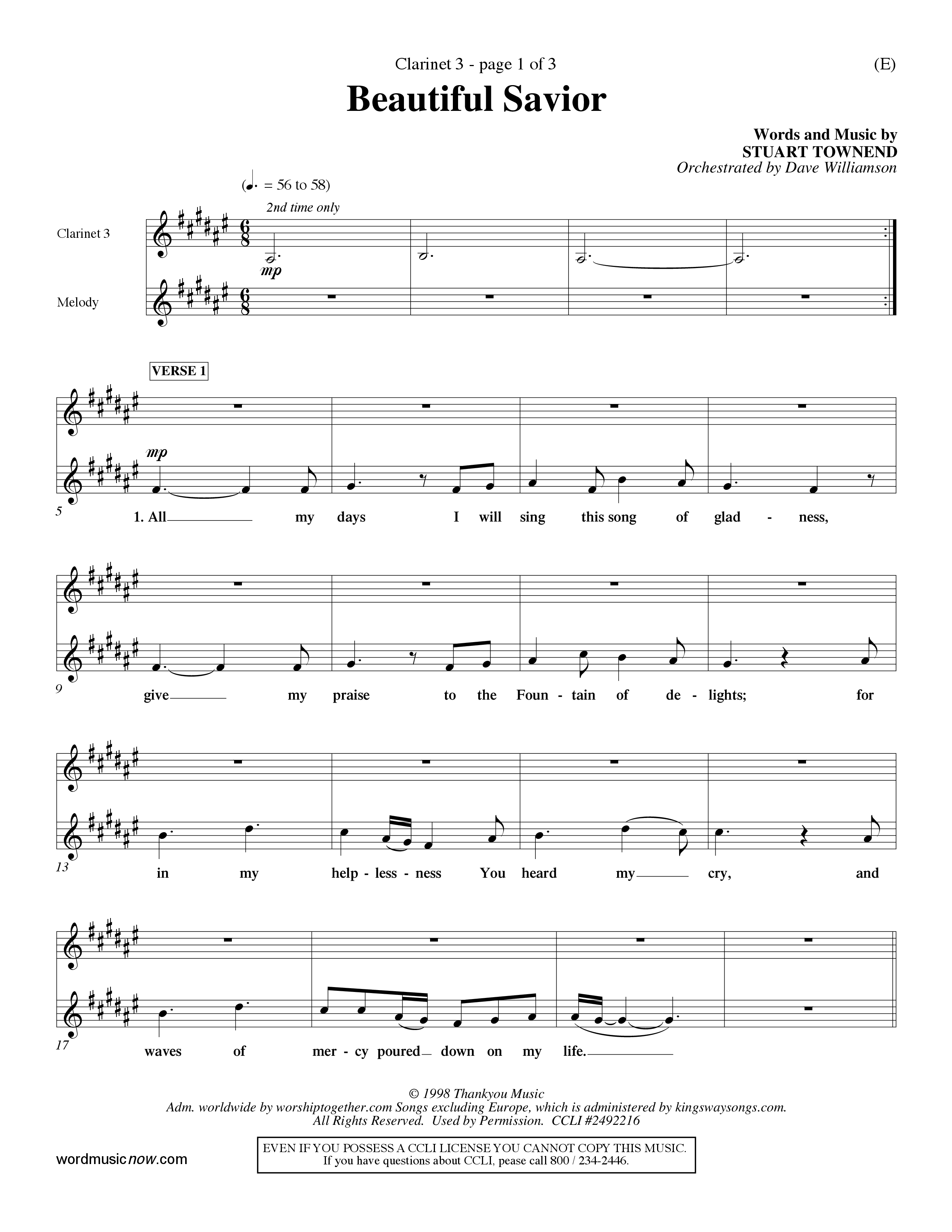 Beautiful Savior (Choral Anthem SATB) Clarinet 3 (Word Music Choral / Orch. Dave Williamson)