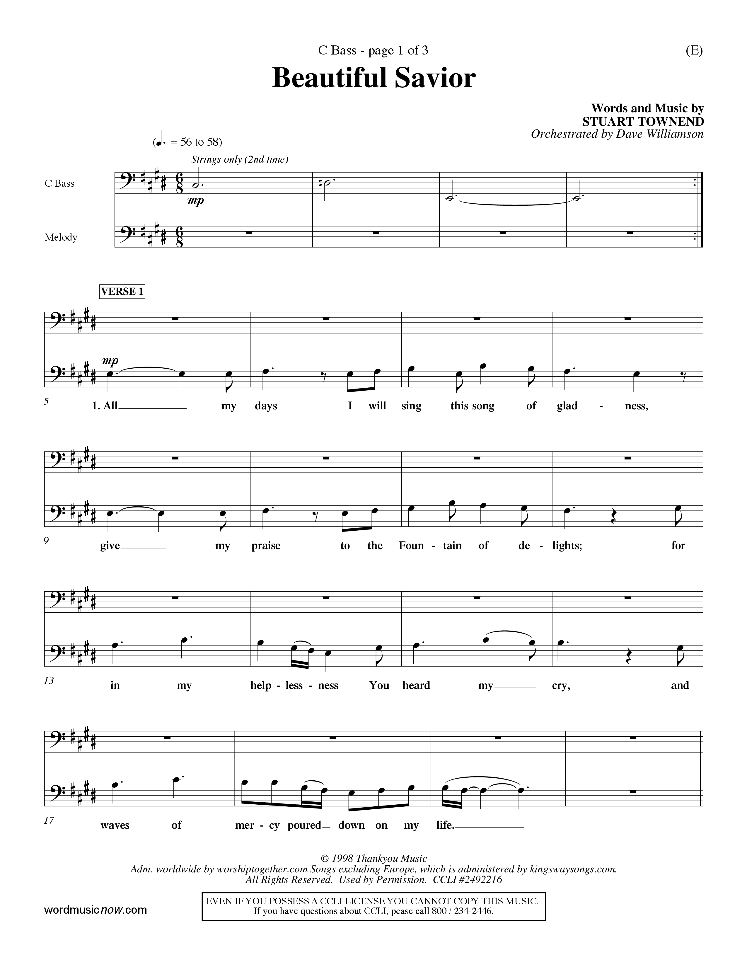 Beautiful Savior (Choral Anthem SATB) Contrabass (Word Music Choral / Orch. Dave Williamson)