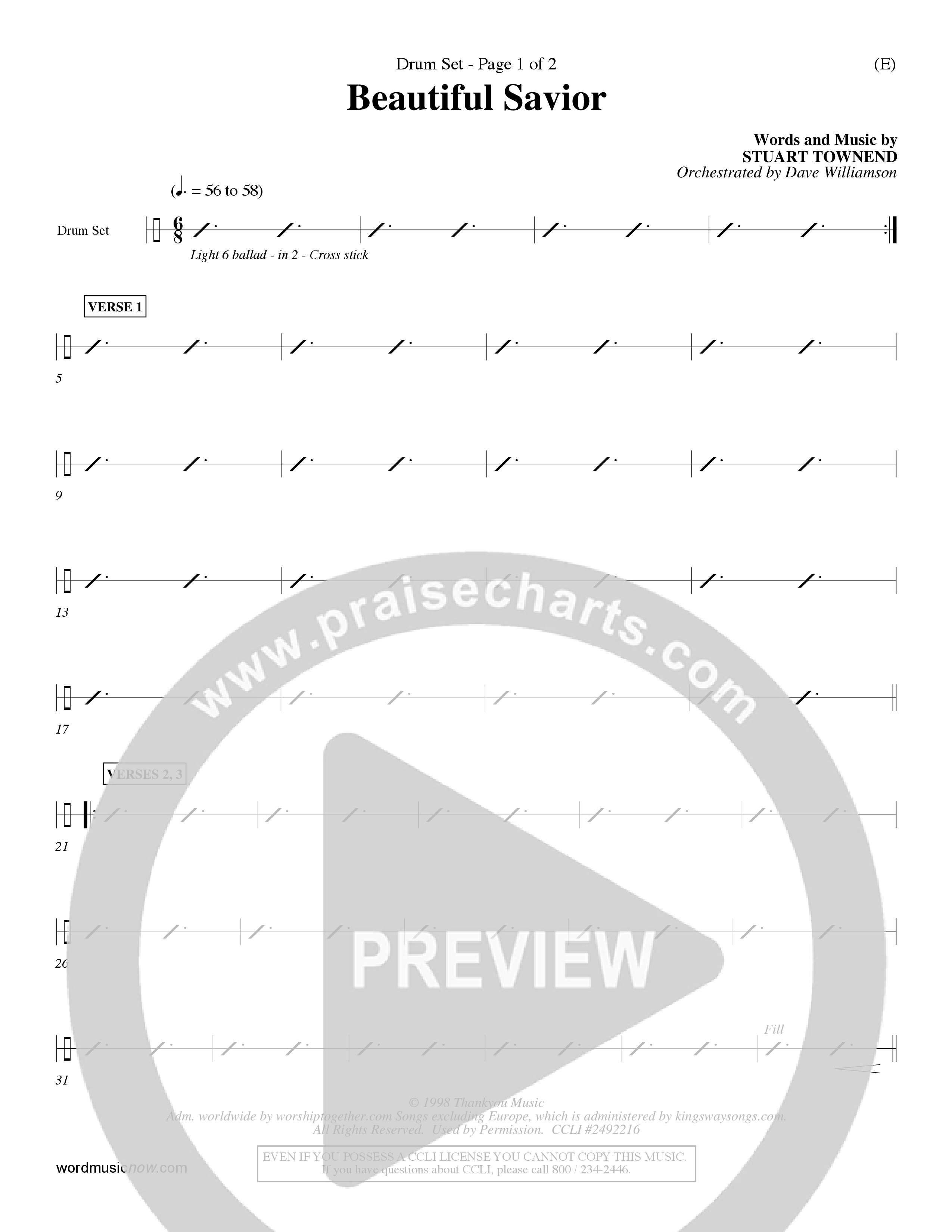 Beautiful Savior (Choral Anthem SATB) Drum Set (Word Music Choral / Orch. Dave Williamson)
