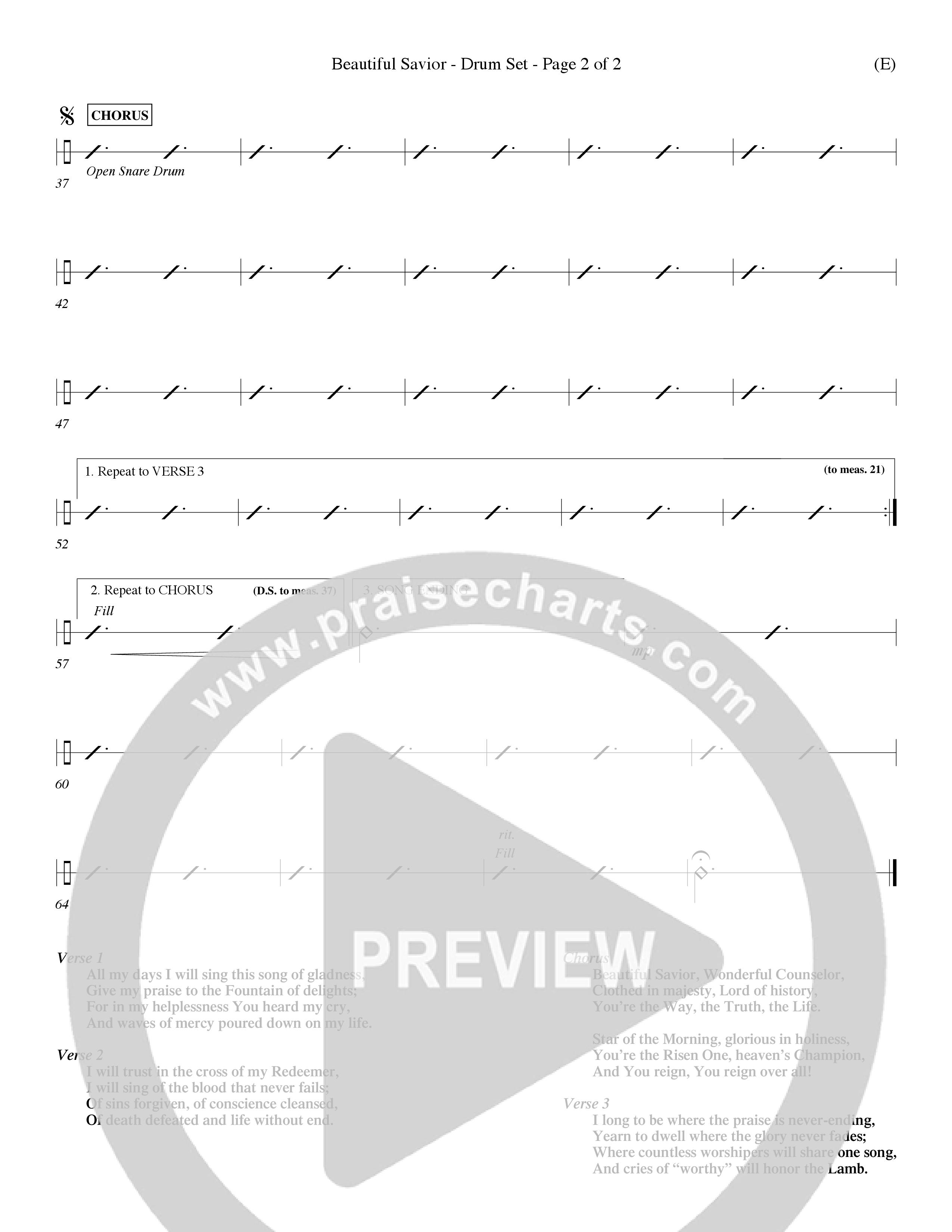 Beautiful Savior (Choral Anthem SATB) Drum Set (Word Music Choral / Orch. Dave Williamson)