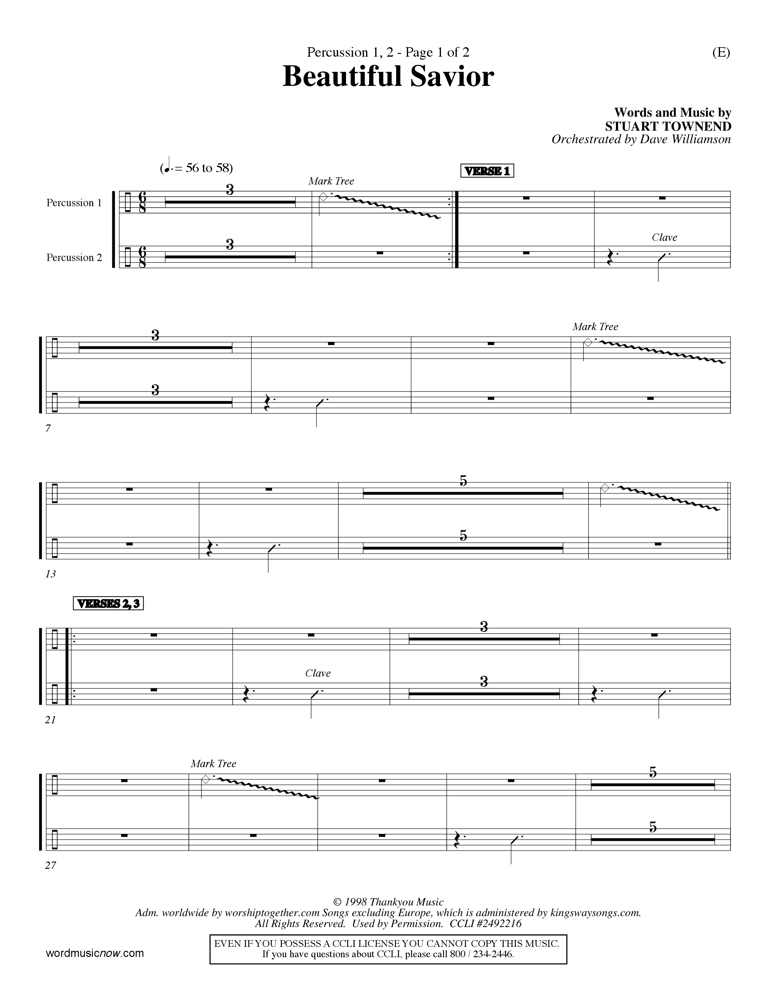 Beautiful Savior (Choral Anthem SATB) Percussion 1/2 (Word Music Choral / Orch. Dave Williamson)