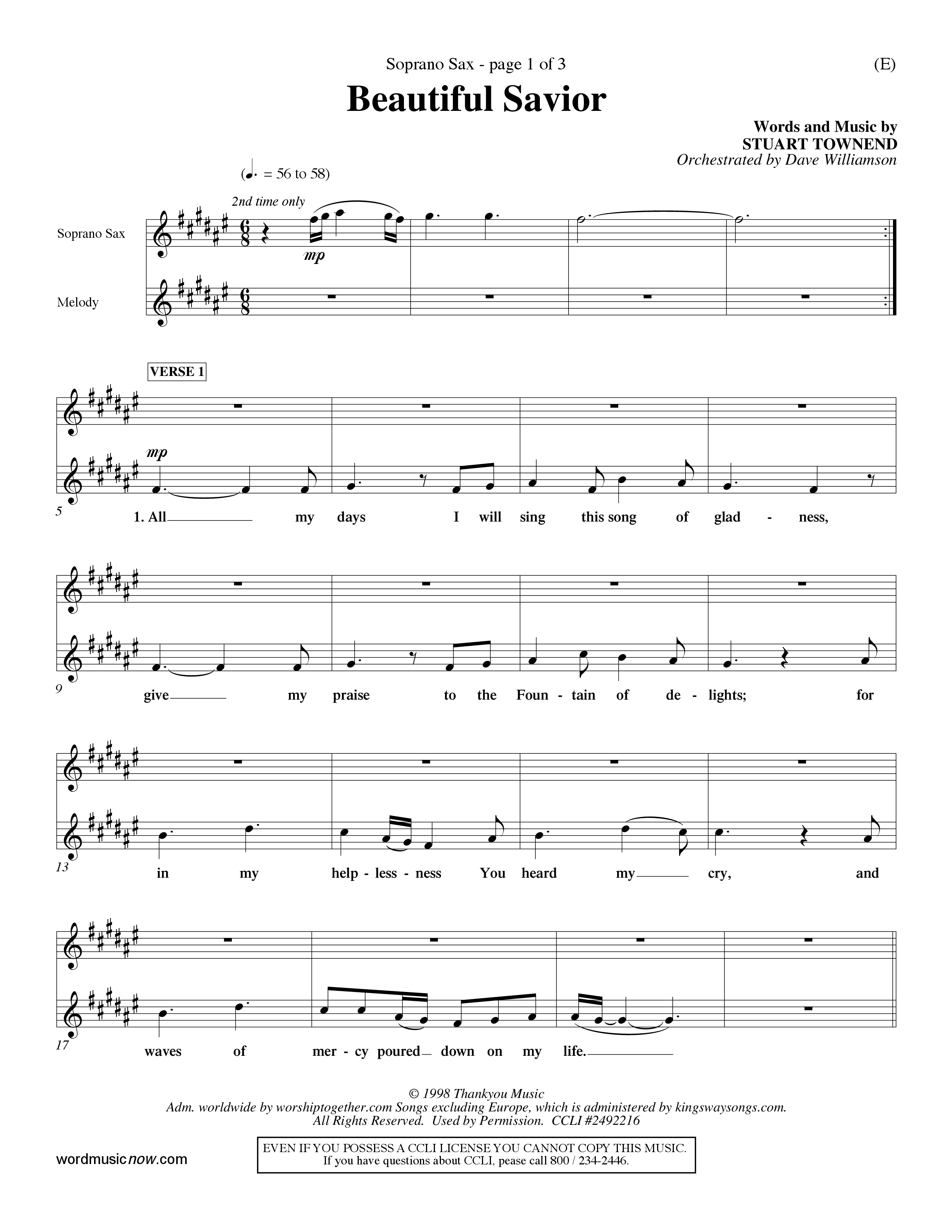 Beautiful Savior (Choral Anthem SATB) Saxophone (Word Music Choral / Orch. Dave Williamson)