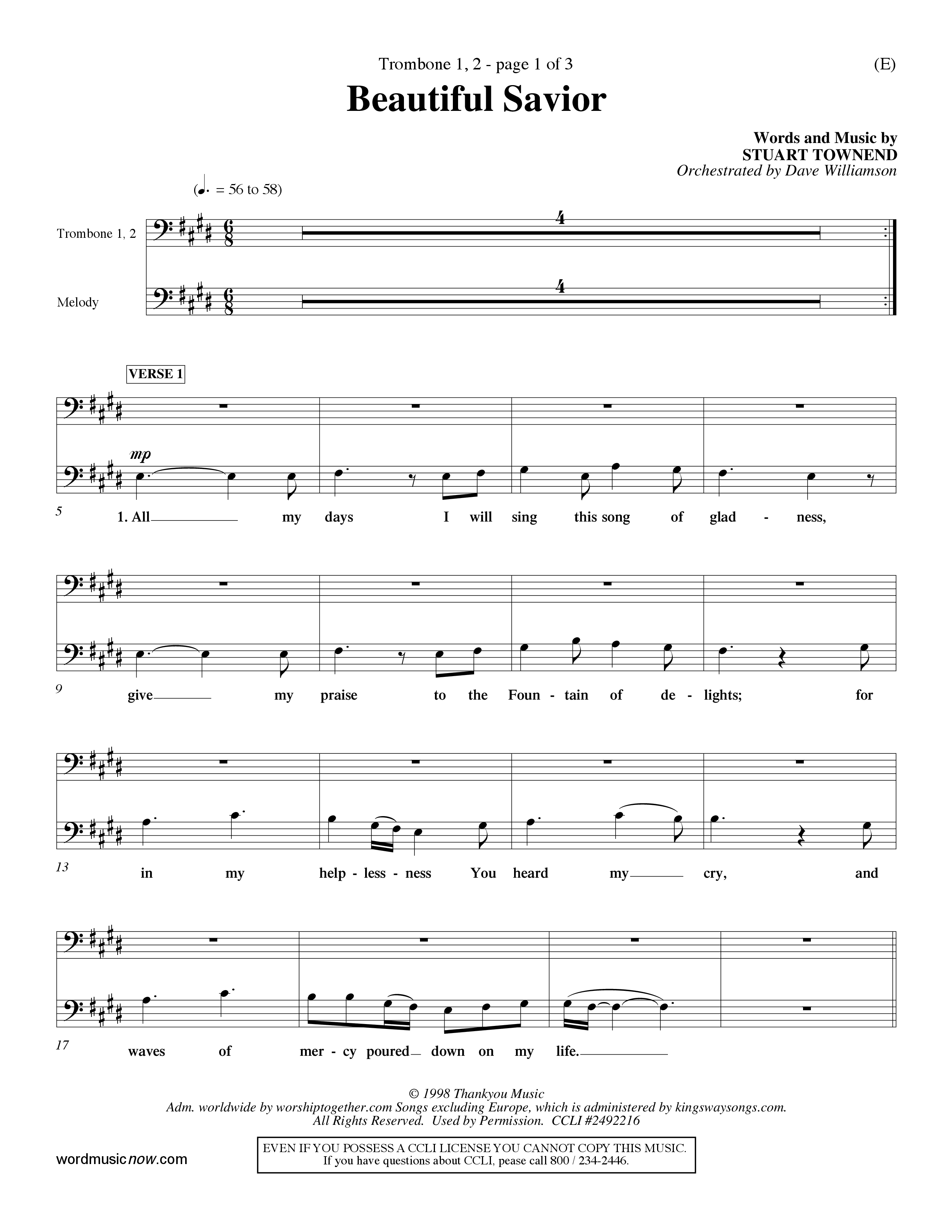 Beautiful Savior (Choral Anthem SATB) Trombone 1/2 (Word Music Choral / Orch. Dave Williamson)