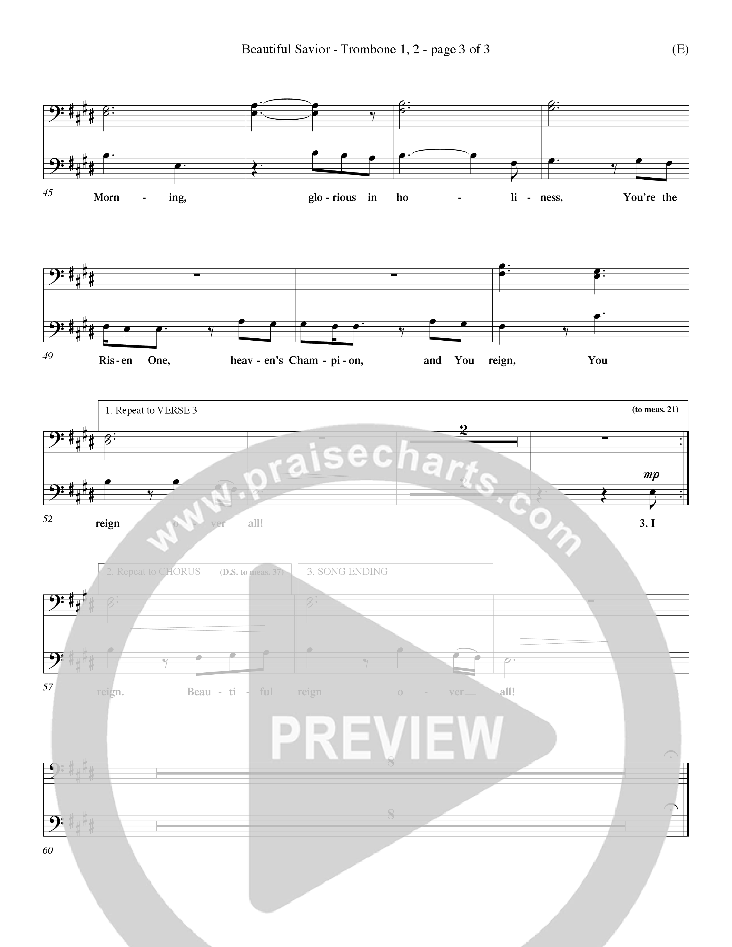 Beautiful Savior (Choral Anthem SATB) Trombone 1/2 (Word Music Choral / Orch. Dave Williamson)