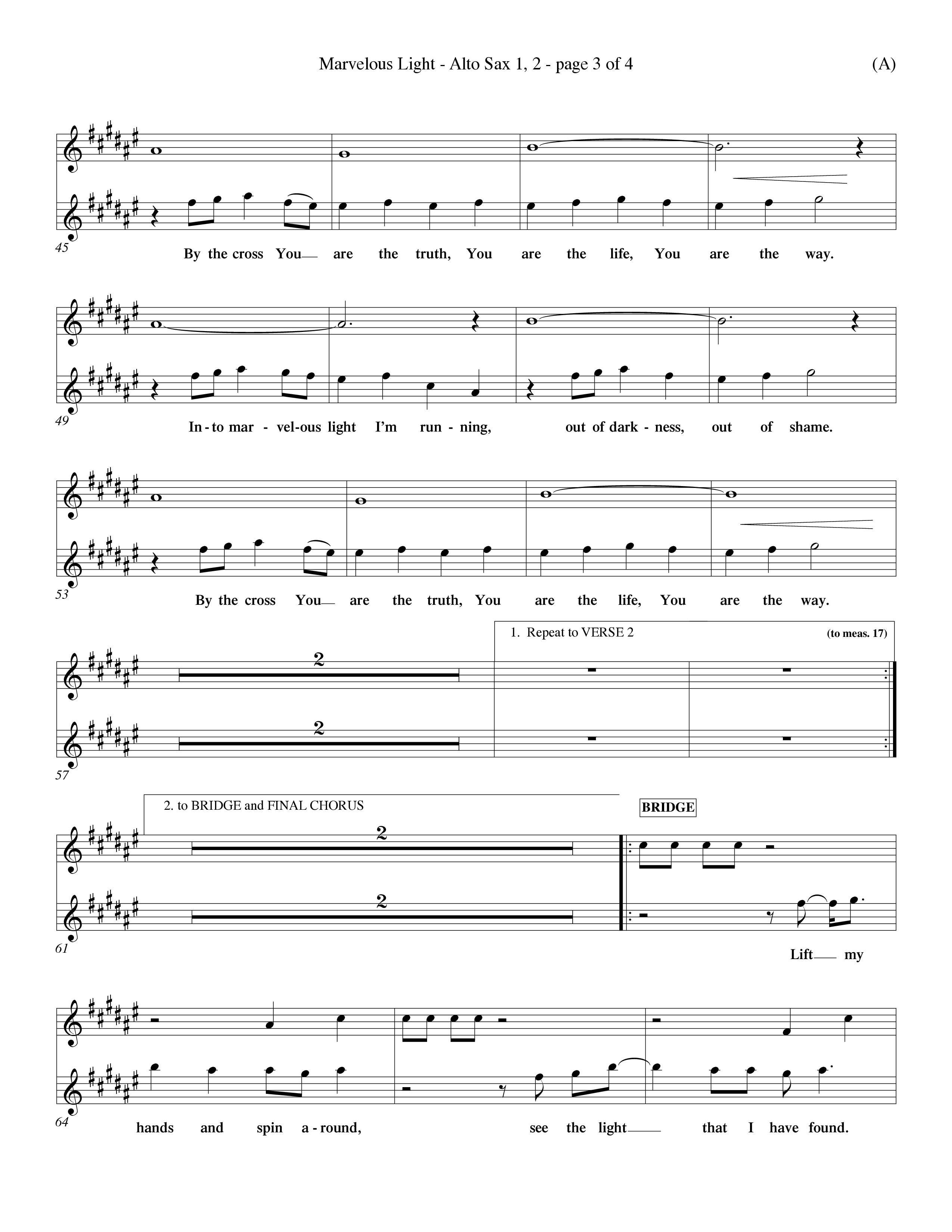 Marvelous Light (Choral Anthem SATB) Alto Sax 1/2 (Word Music Choral / Orch. Dave Williamson)