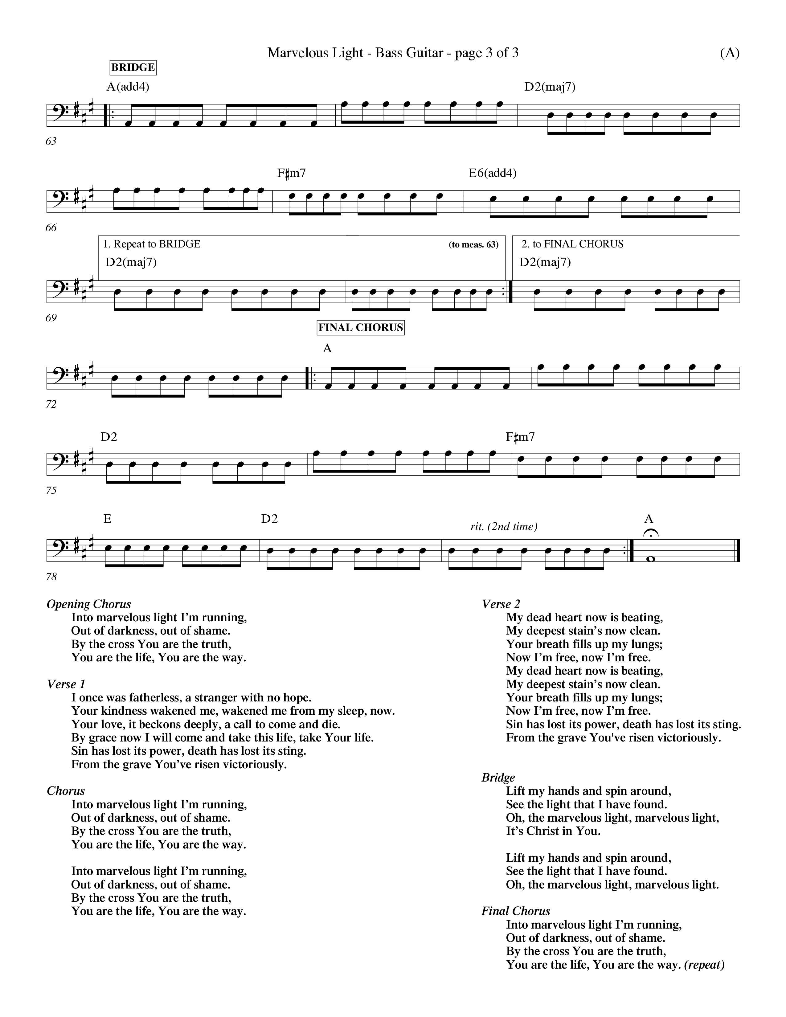 Marvelous Light (Choral Anthem SATB) Bass Guitar (Word Music Choral / Orch. Dave Williamson)