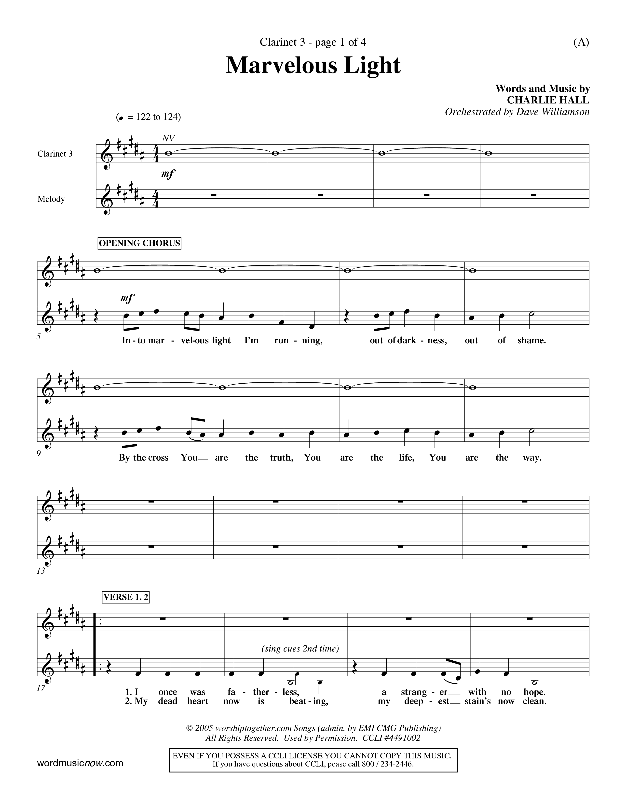 Marvelous Light (Choral Anthem SATB) Clarinet 3 (Word Music Choral / Orch. Dave Williamson)