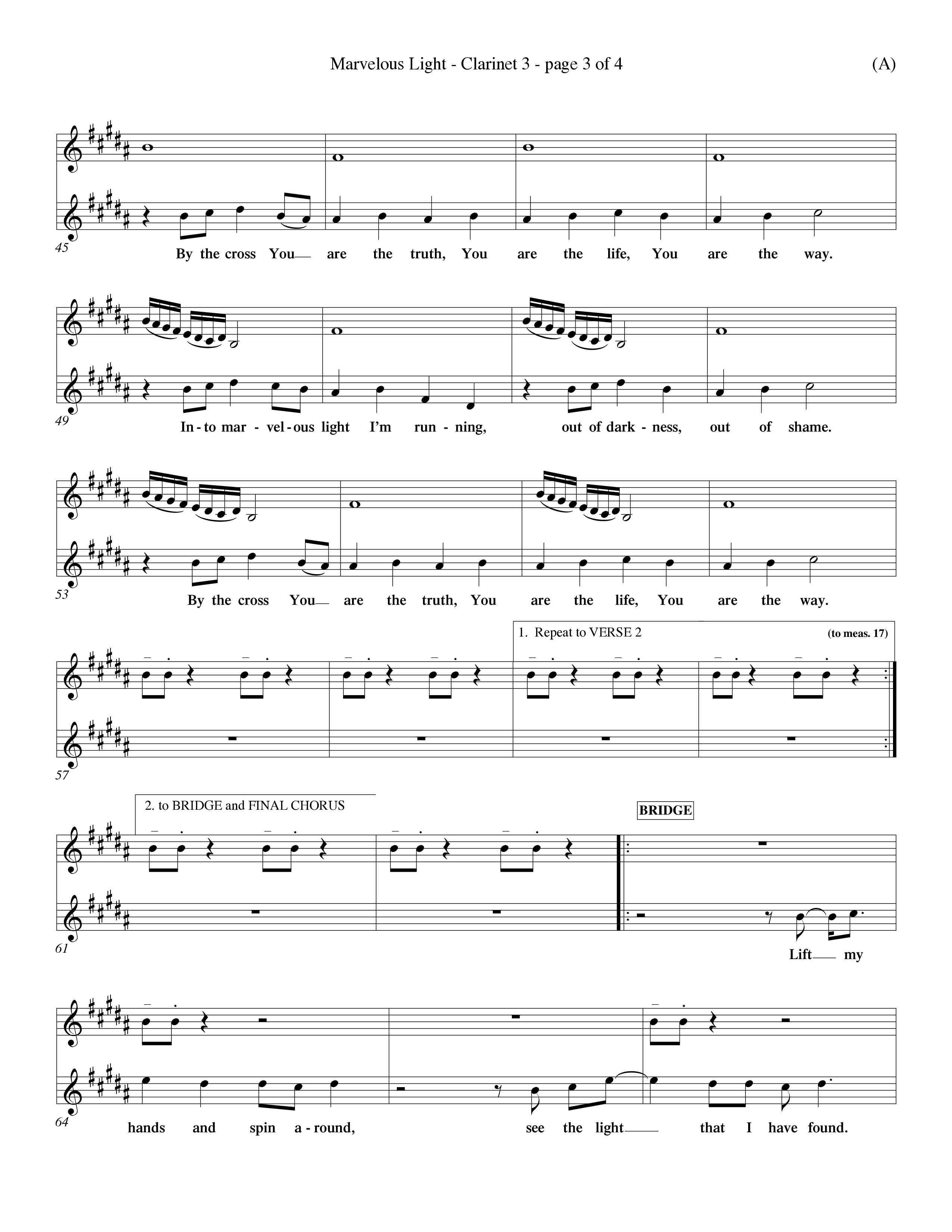 Marvelous Light (Choral Anthem SATB) Clarinet 3 (Word Music Choral / Orch. Dave Williamson)