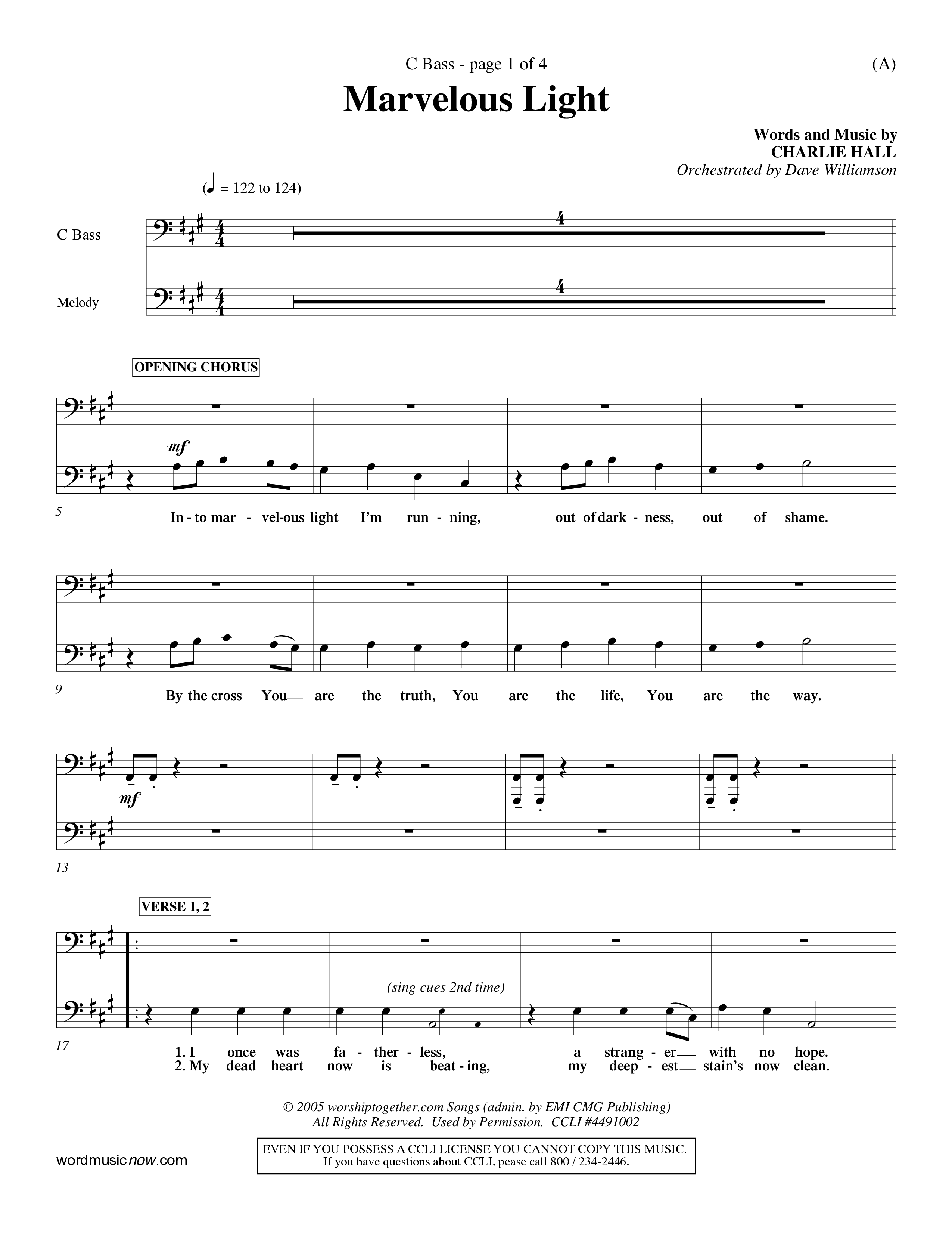 Marvelous Light (Choral Anthem SATB) Contrabass (Word Music Choral / Orch. Dave Williamson)