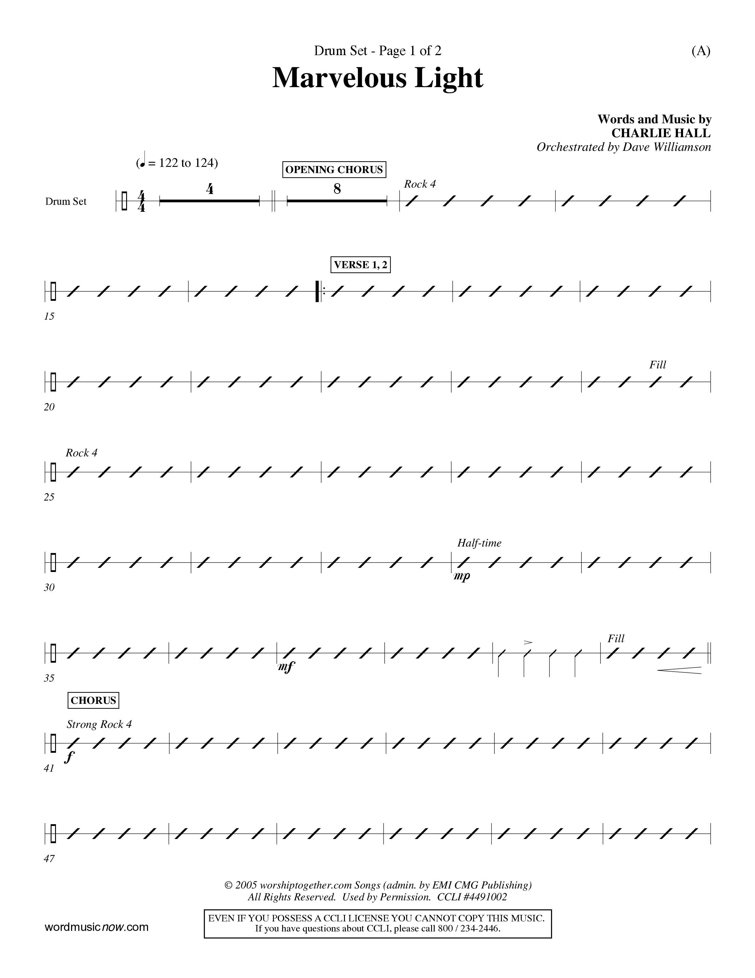 Marvelous Light (Choral Anthem SATB) Drum Set (Word Music Choral / Orch. Dave Williamson)