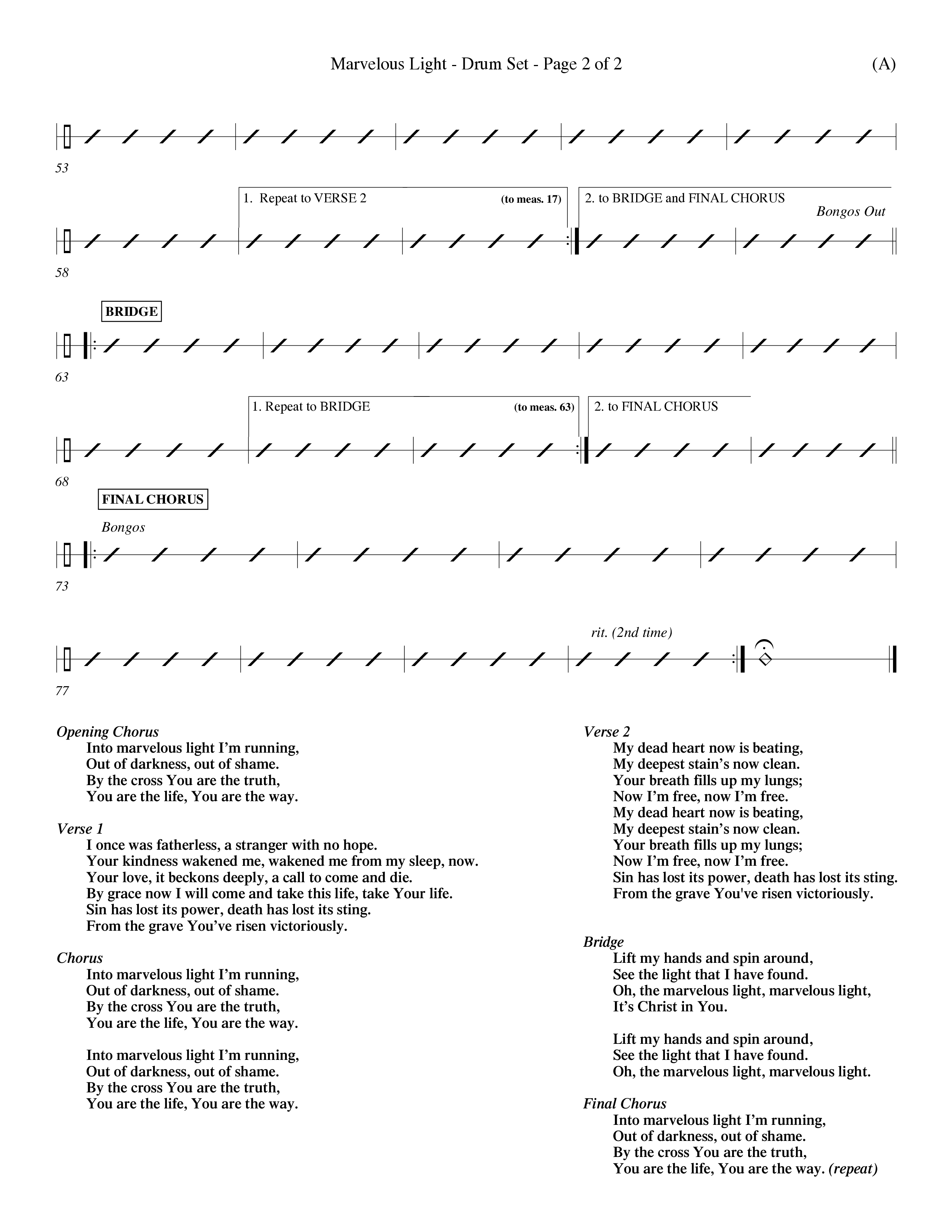 Marvelous Light (Choral Anthem SATB) Drum Set (Word Music Choral / Orch. Dave Williamson)