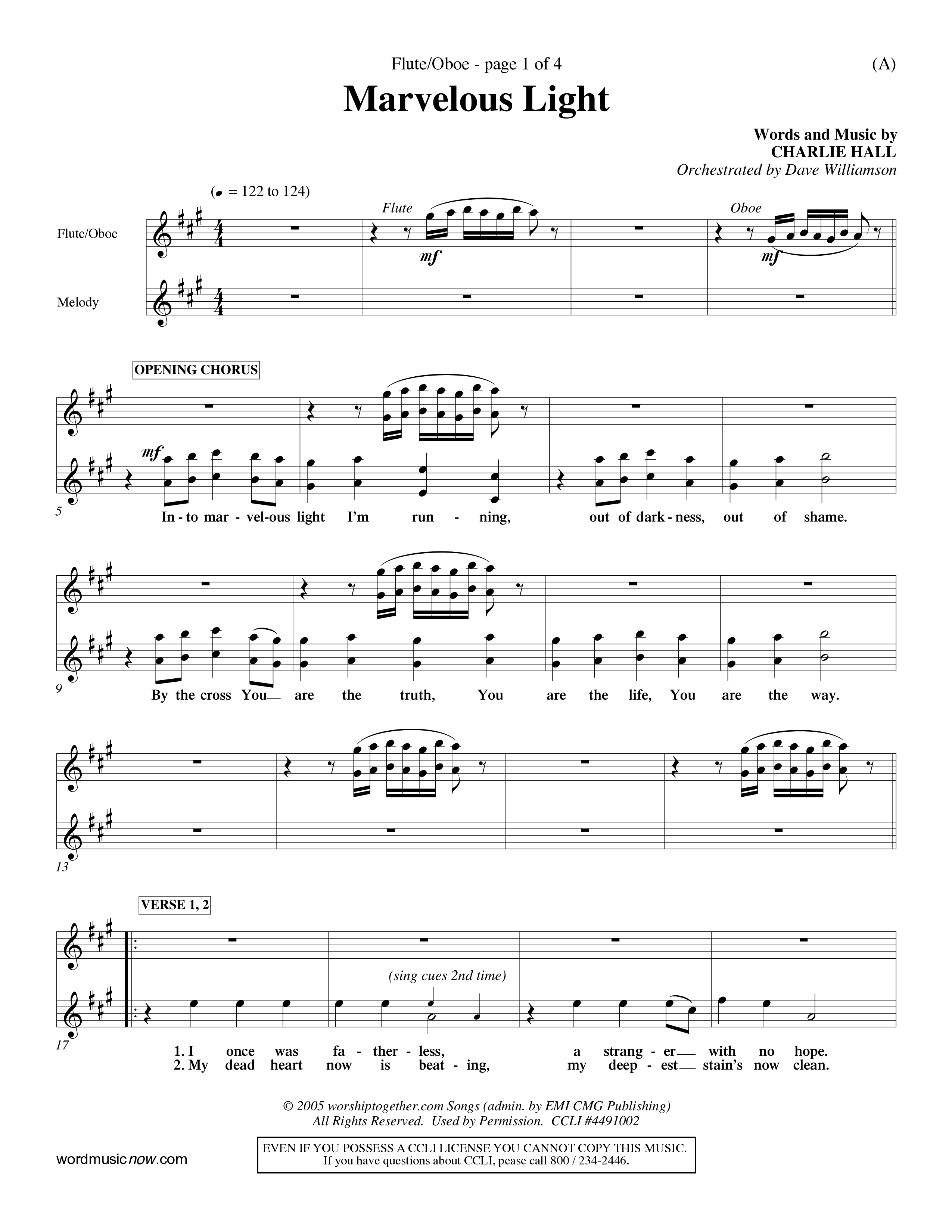 Marvelous Light (Choral Anthem SATB) Flute/Oboe (Word Music Choral / Orch. Dave Williamson)