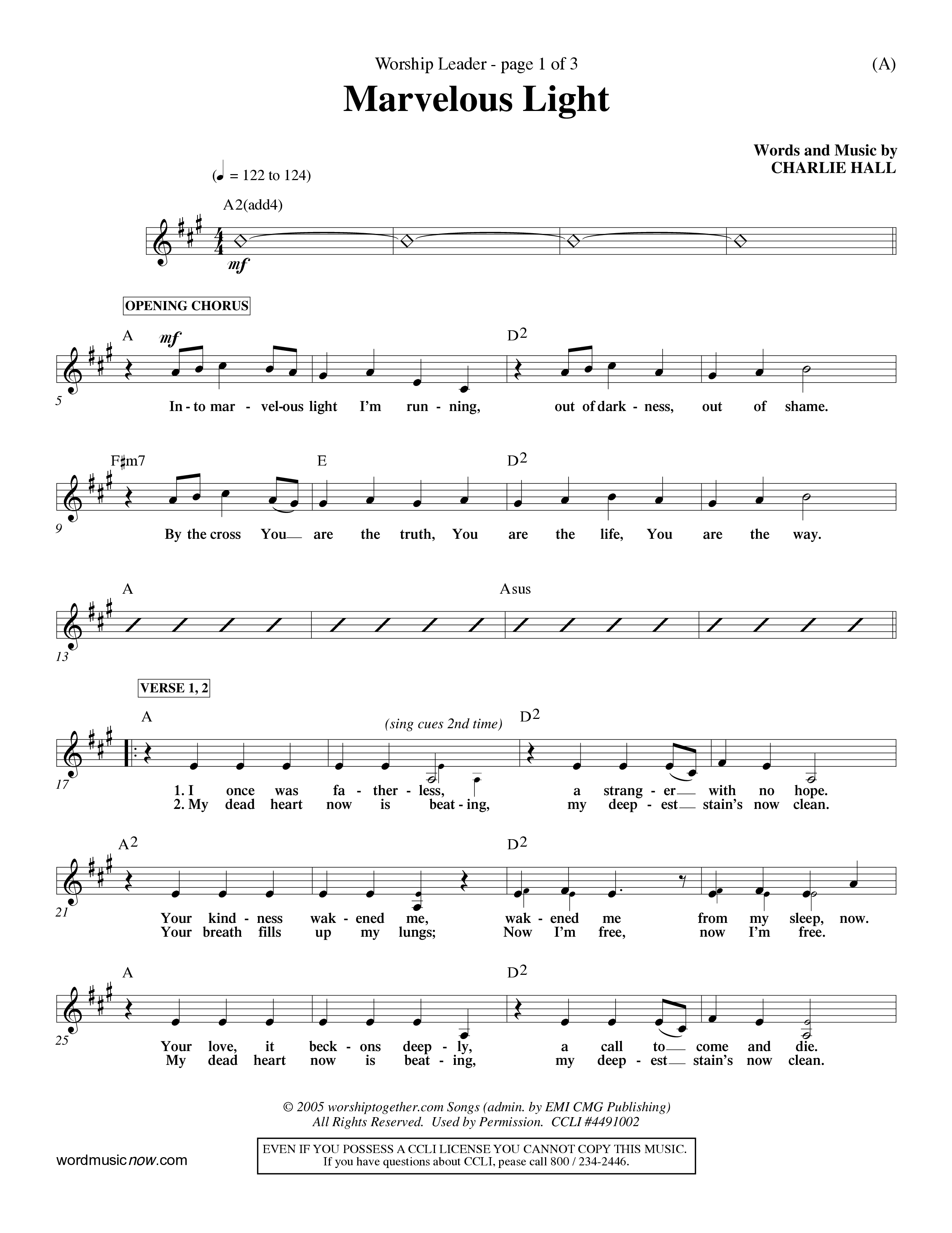 Marvelous Light (Choral Anthem SATB) Lead Sheet (Mel) (Word Music Choral / Orch. Dave Williamson)