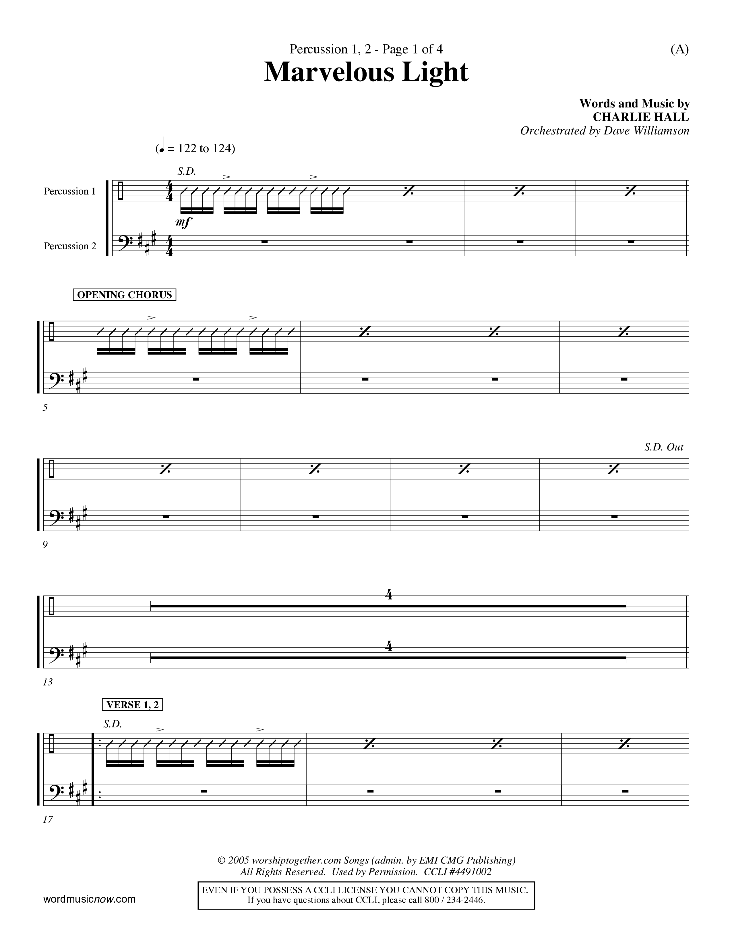 Marvelous Light (Choral Anthem SATB) Percussion 1/2 (Word Music Choral / Orch. Dave Williamson)